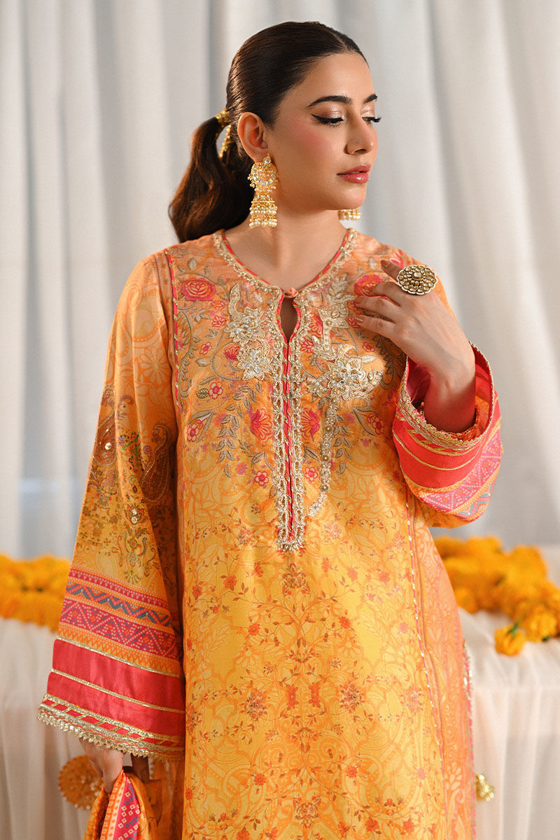 Pakistani Yellow Paisley-Embroidered Lawn Salwar Kameez (3-Piece) - Image 2