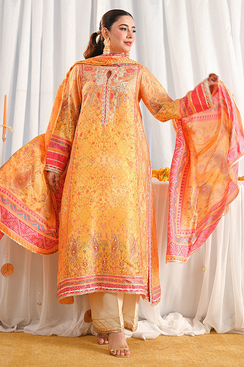 Pakistani Yellow Paisley-Embroidered Lawn Salwar Kameez (3-Piece) - Image 4