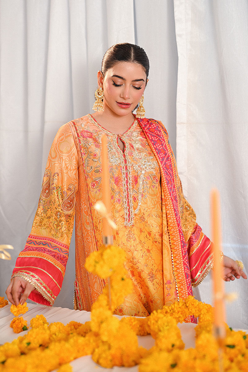 Pakistani Yellow Paisley-Embroidered Lawn Salwar Kameez (3-Piece) - Image 5