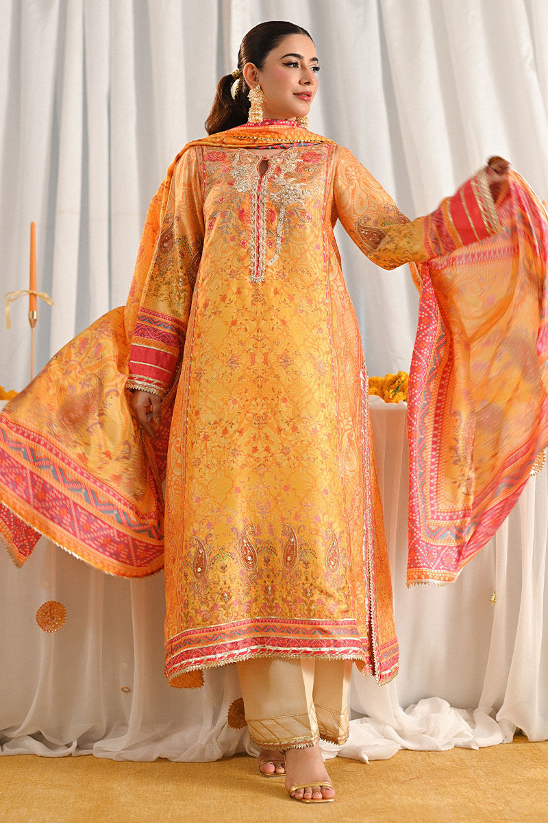 Pakistani Yellow Paisley-Embroidered Lawn Salwar Kameez (3-Piece) - Image 6