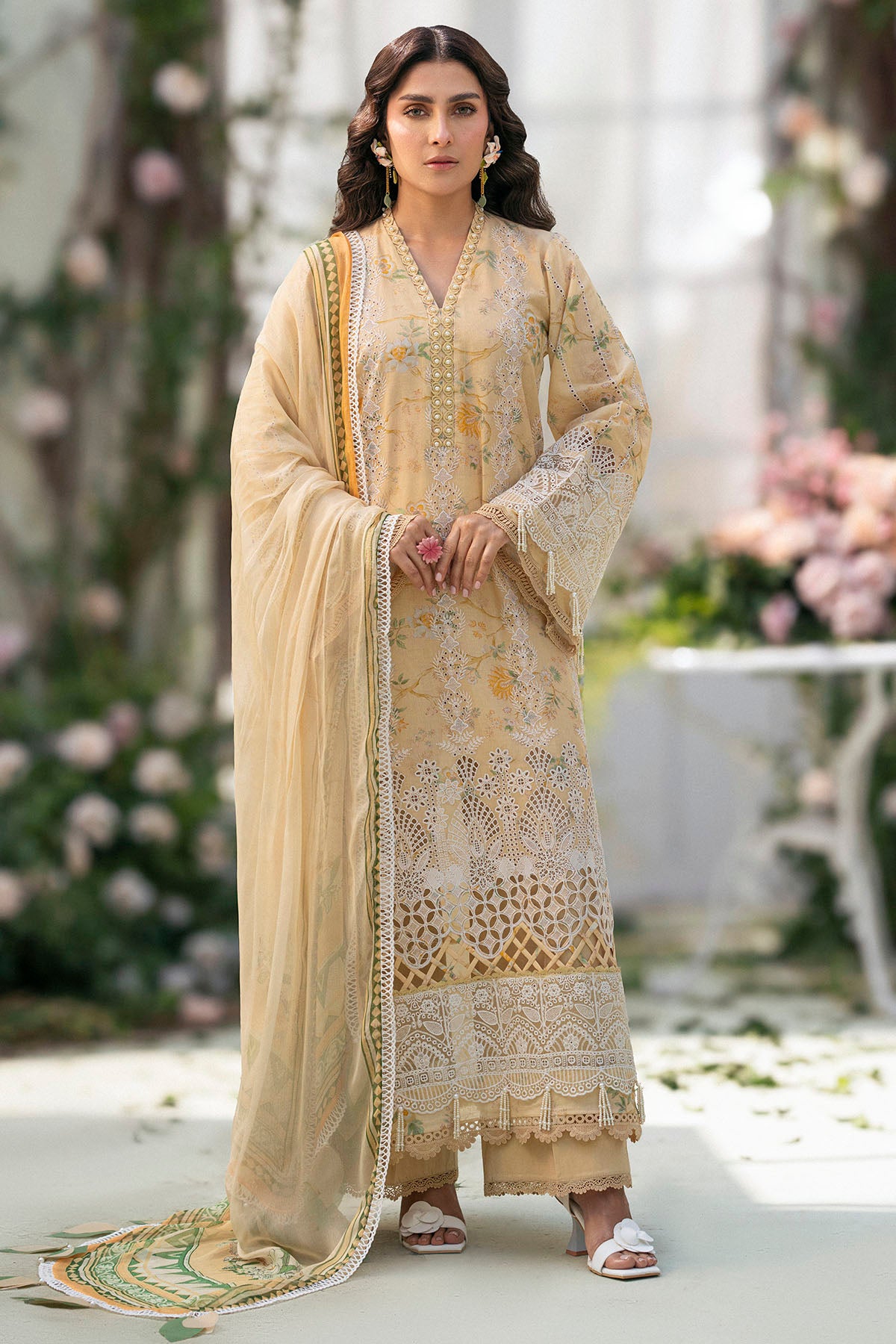 Pakistani Orchid Yellow Schiffli Embroidered Lawn Suit (3-Piece) - Image 1