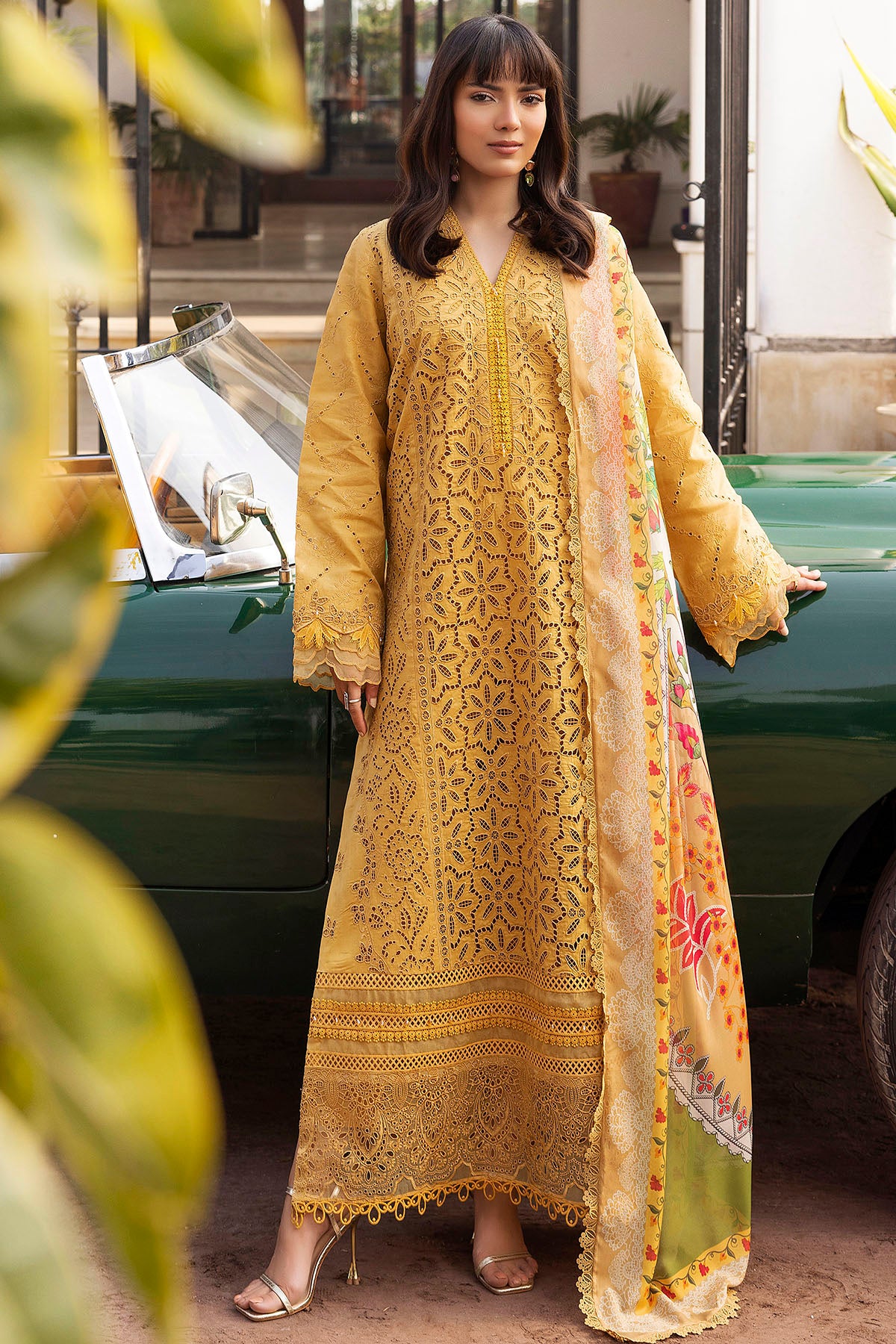 Pakistani Mustard Schiffli Embroidered Lawn 3-Piece Suit - Image 1