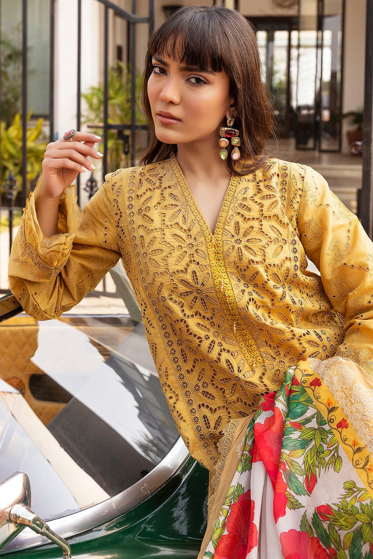 Pakistani Mustard Schiffli Embroidered Lawn 3-Piece Suit - Image 2