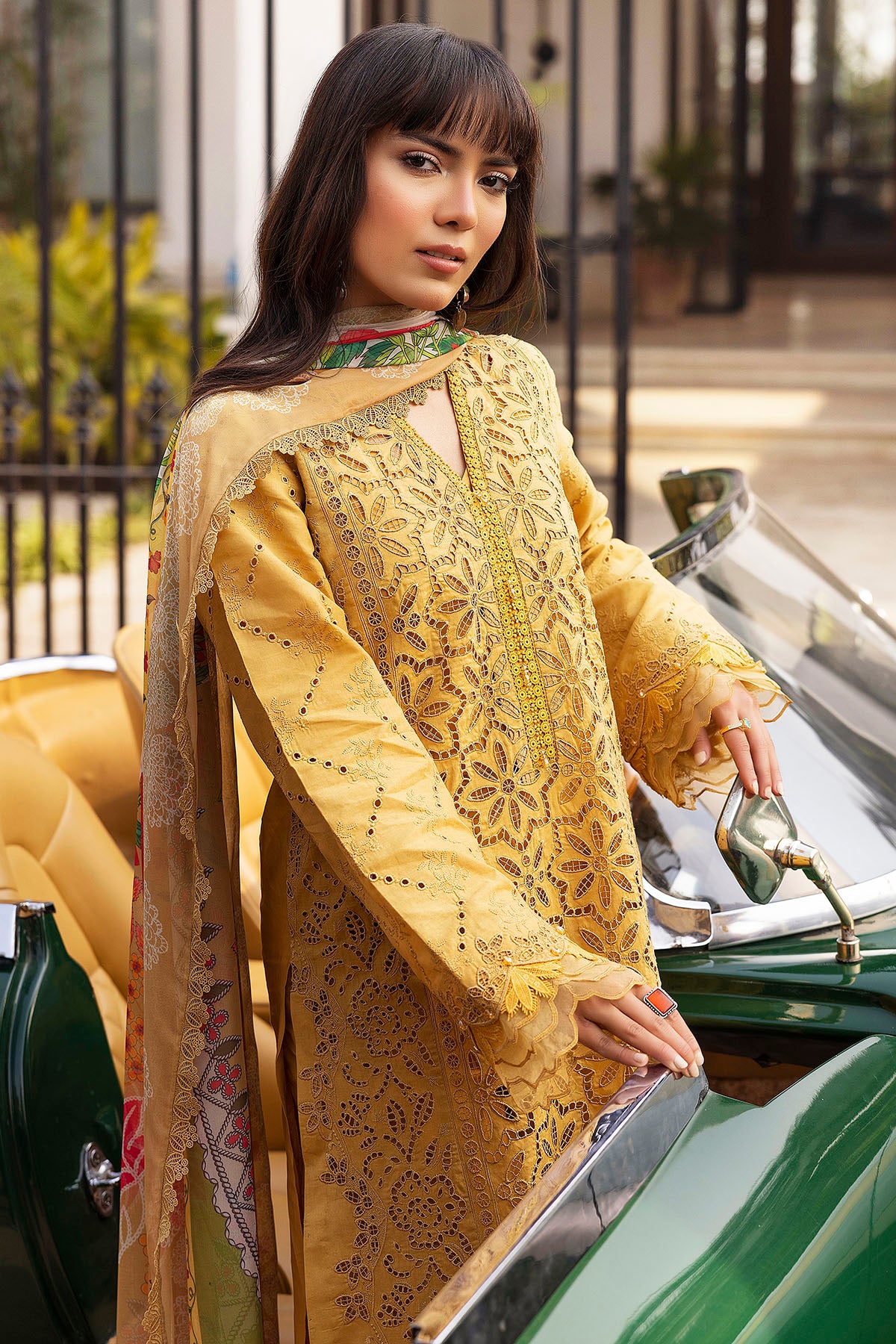 Pakistani Mustard Schiffli Embroidered Lawn 3-Piece Suit - Image 3