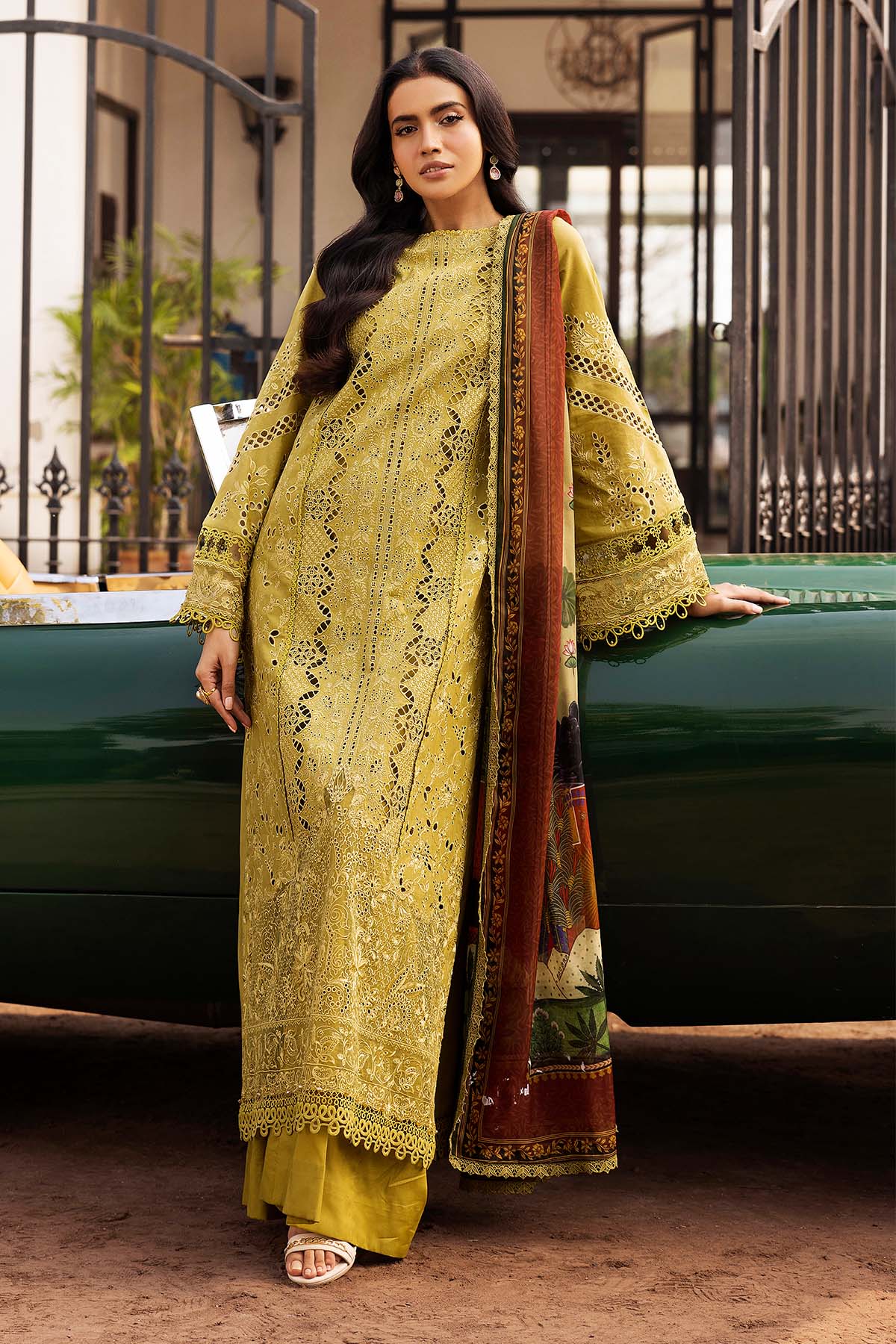 Pakistani Mustard Schiffli Embroidered Lawn 3-Piece Suit - Image 1