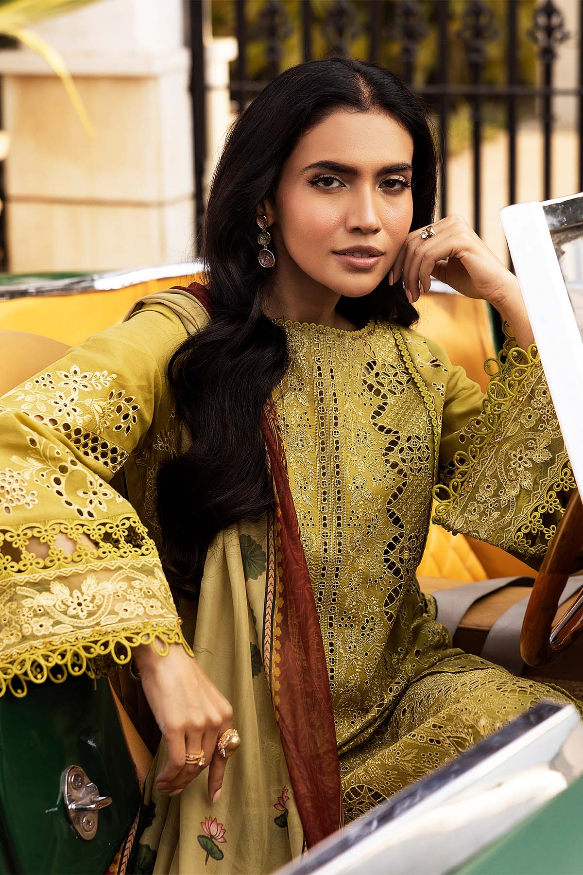 Pakistani Mustard Schiffli Embroidered Lawn 3-Piece Suit - Image 3