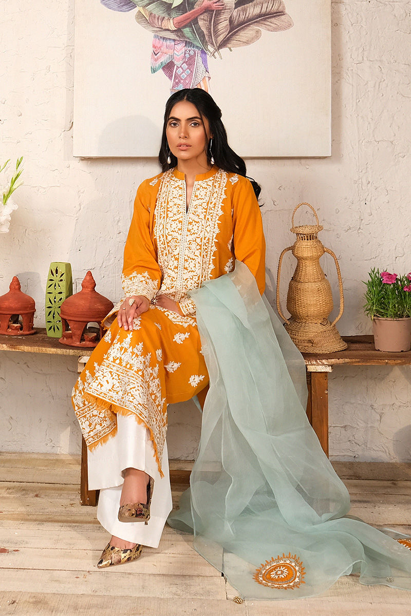 Pakistani Mustard Yellow Embroidered Lawn Salwar Kameez (3-Piece) - Image 1