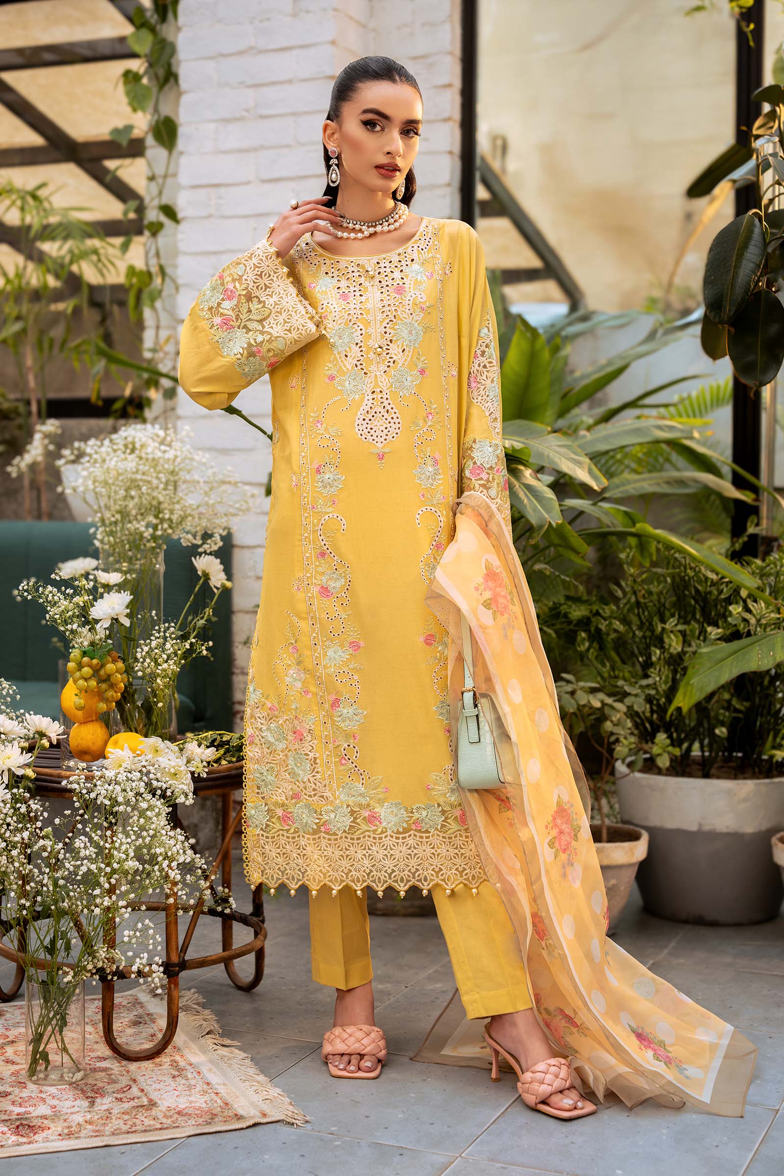 Pakistani Yellow Embroidered Lawn Straight-Cut Suit (3-Piece) - Image 2