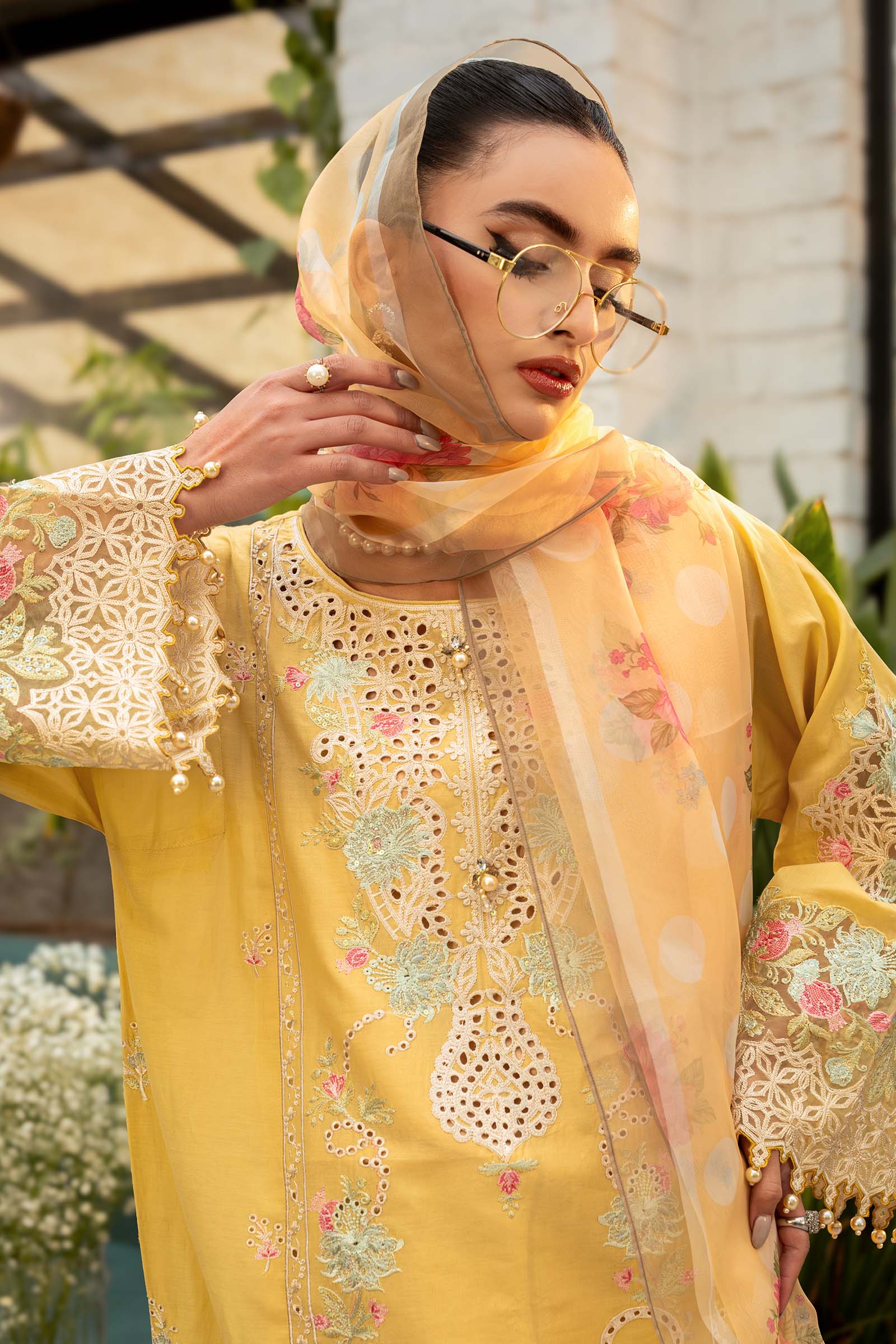 Pakistani Yellow Embroidered Lawn Straight-Cut Suit (3-Piece) - Image 3