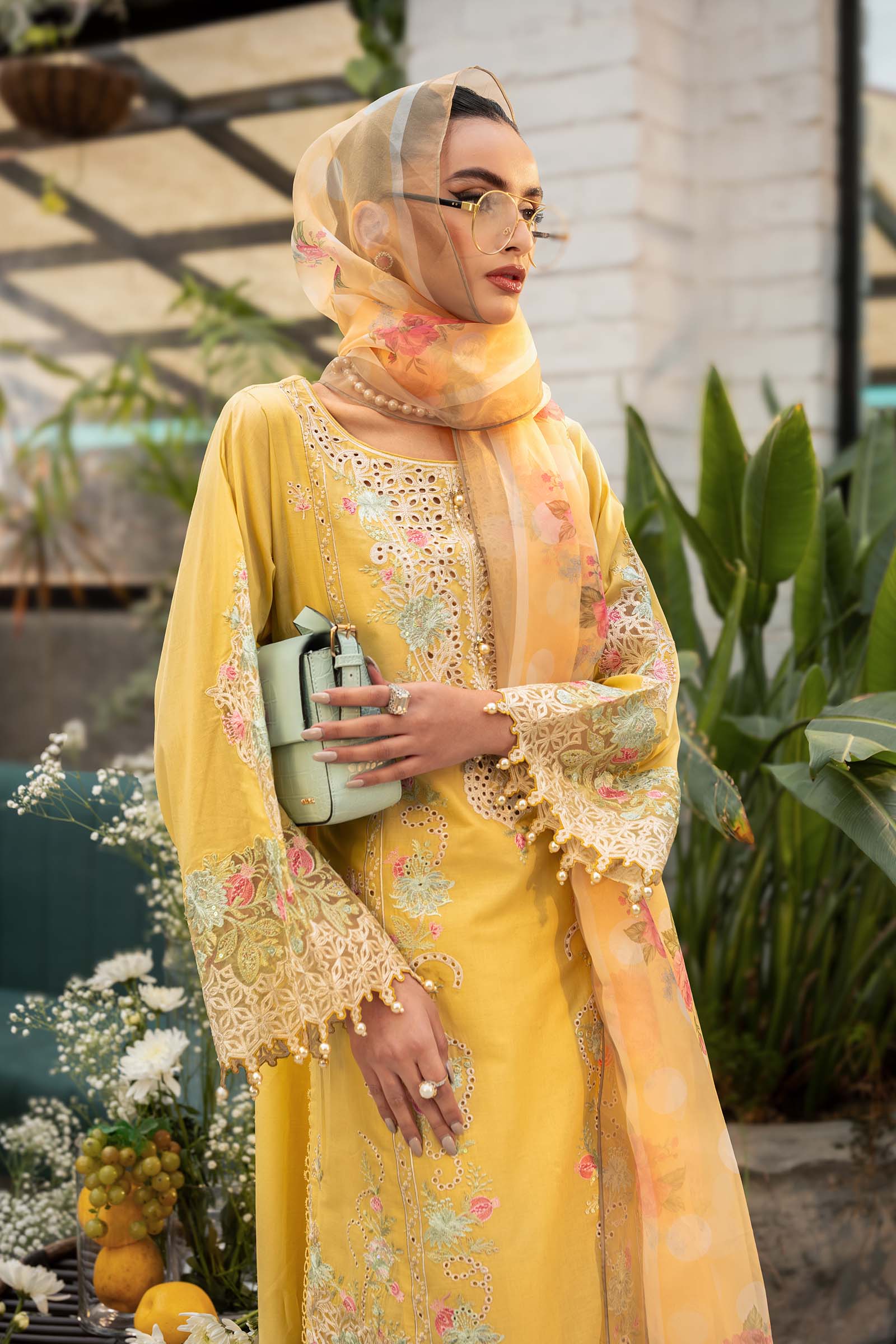 Pakistani Yellow Embroidered Lawn Straight-Cut Suit (3-Piece) - Image 4
