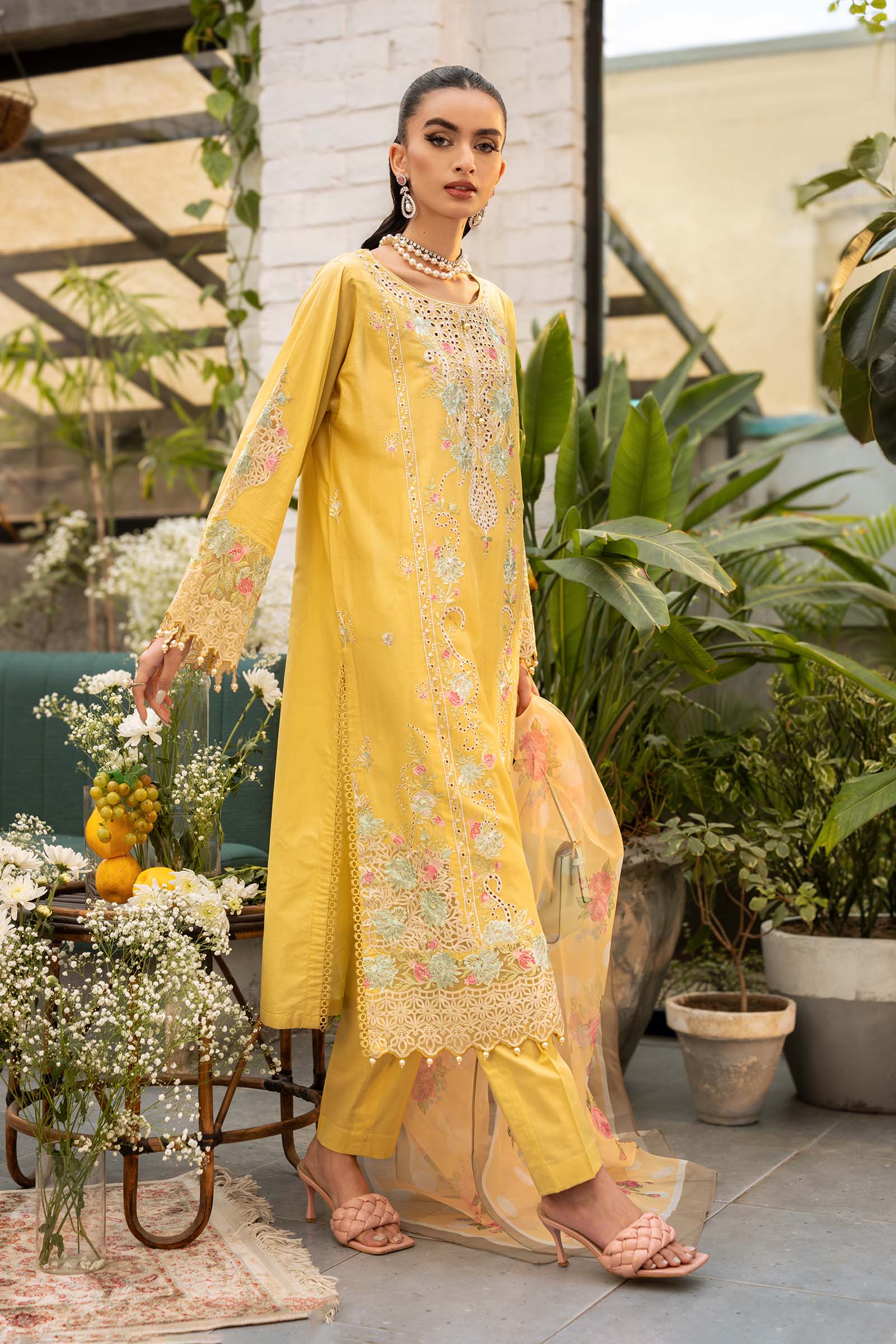 Pakistani Yellow Embroidered Lawn Straight-Cut Suit (3-Piece) - Image 5
