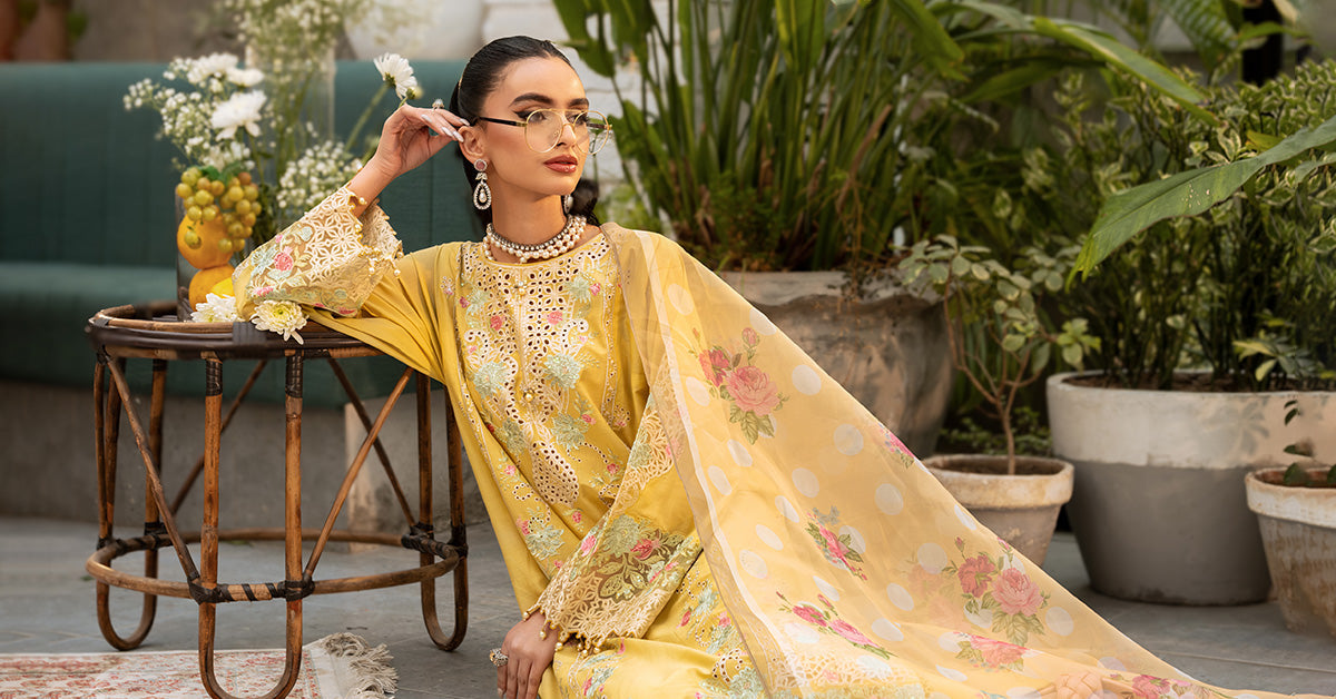 Pakistani Yellow Embroidered Lawn Straight-Cut Suit (3-Piece) - Image 6