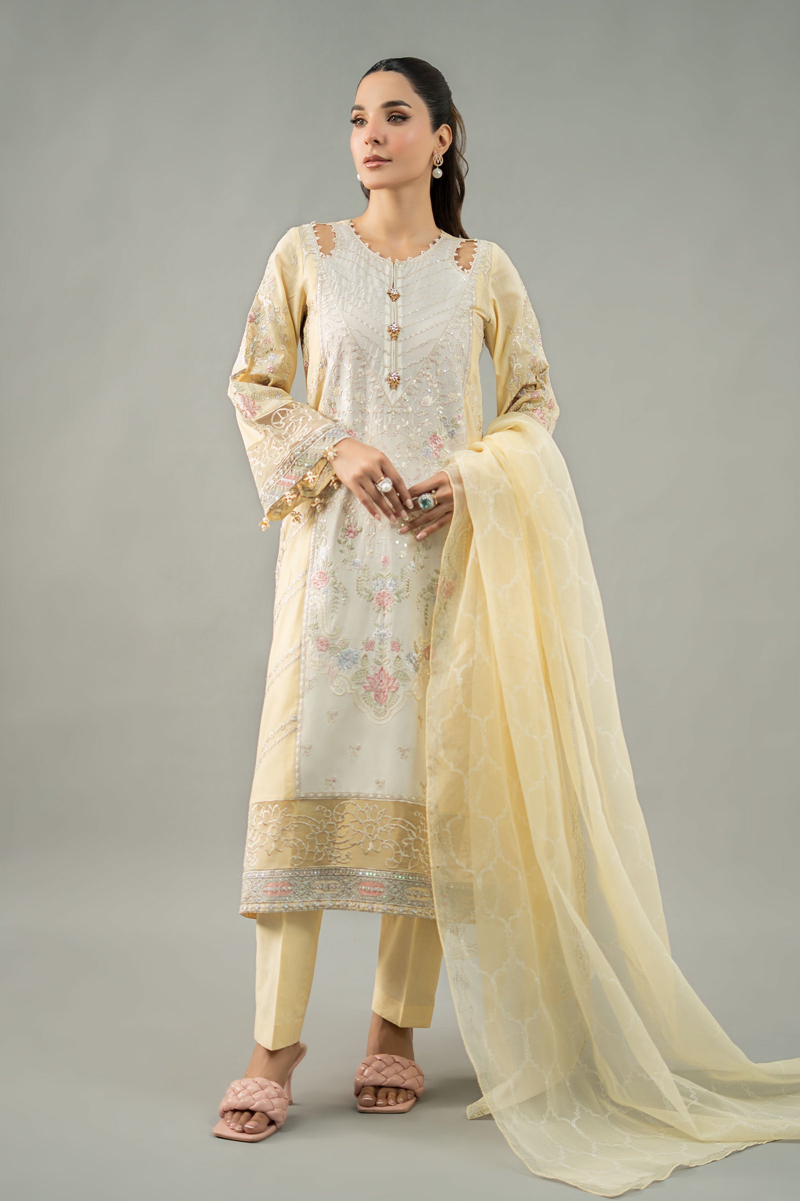 Yellow Embroidered Lawn Salwar Kameez (3-Piece) - Image 1