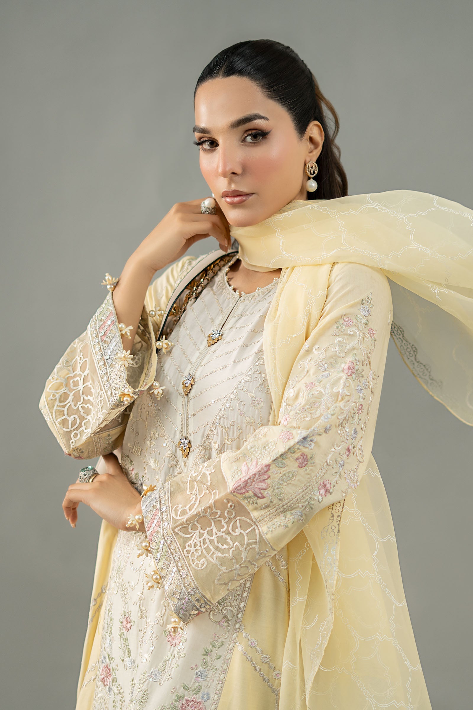 Yellow Embroidered Lawn Salwar Kameez (3-Piece) - Image 3