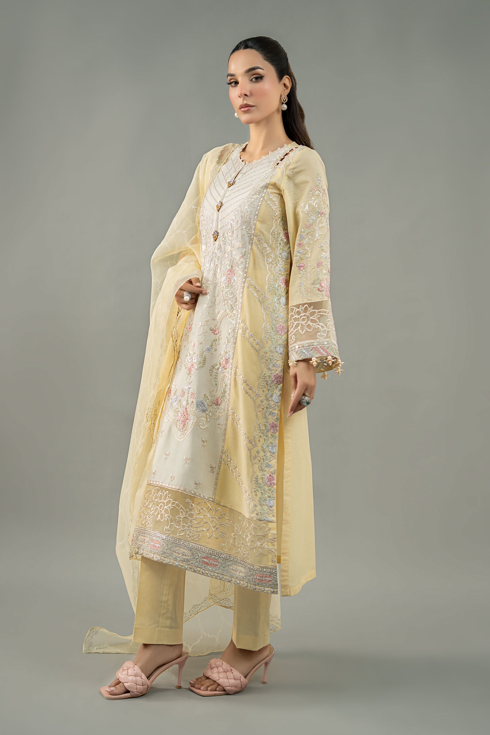 Yellow Embroidered Lawn Salwar Kameez (3-Piece) - Image 4