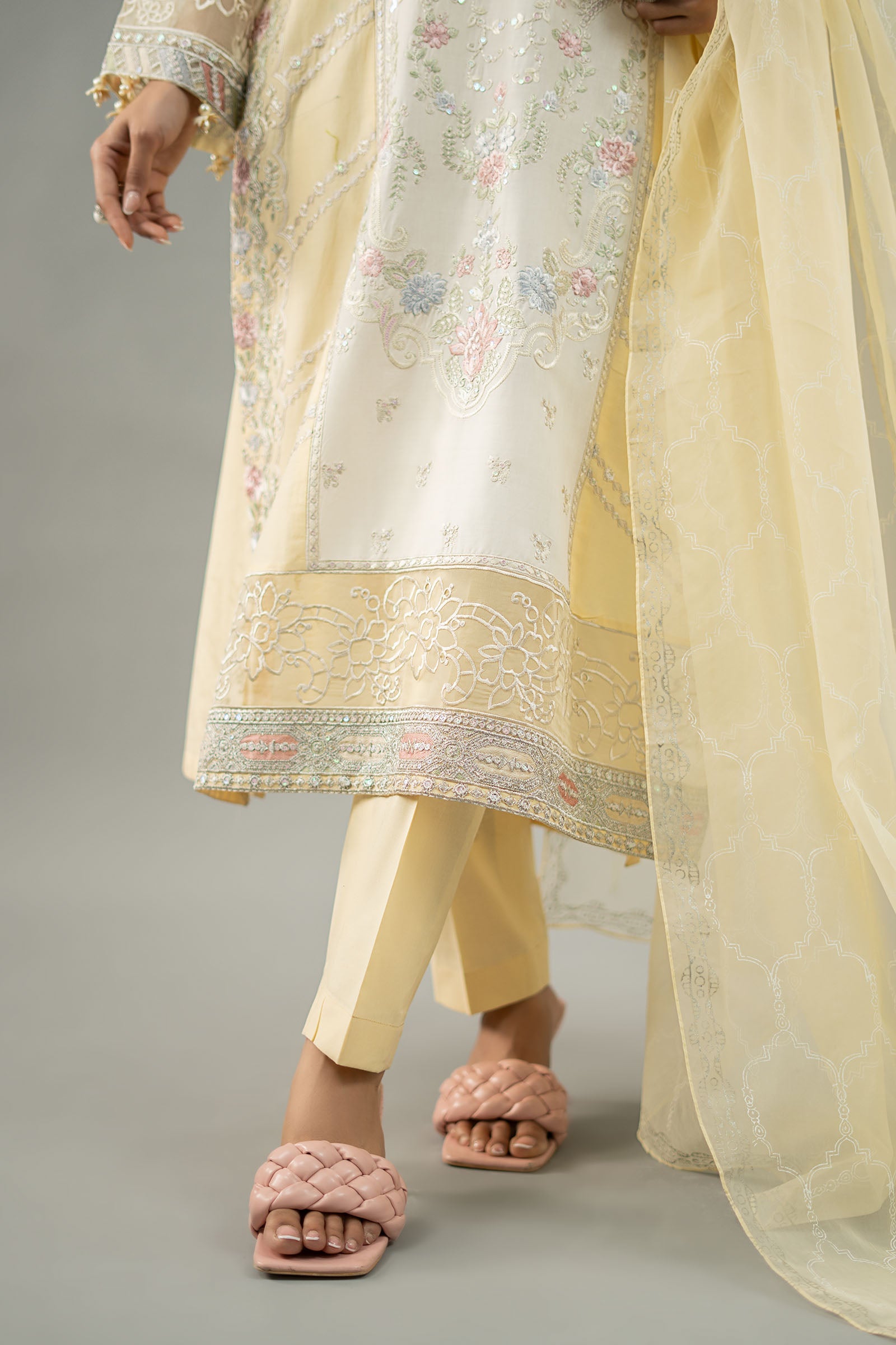 Yellow Embroidered Lawn Salwar Kameez (3-Piece) - Image 5