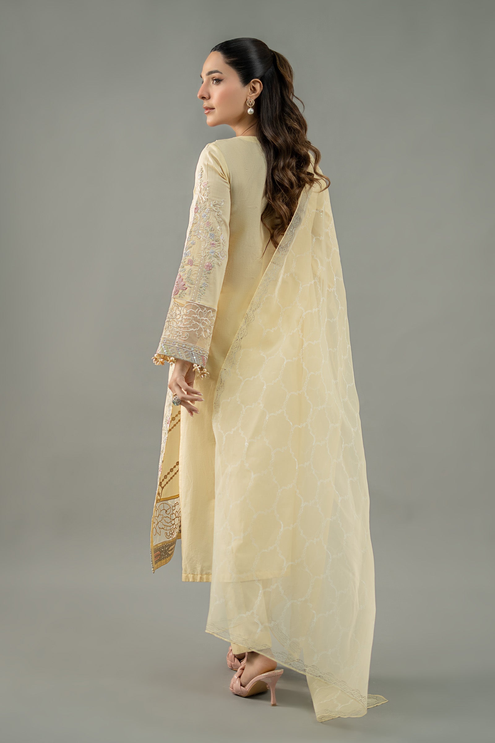 Yellow Embroidered Lawn Salwar Kameez (3-Piece) - Image 7