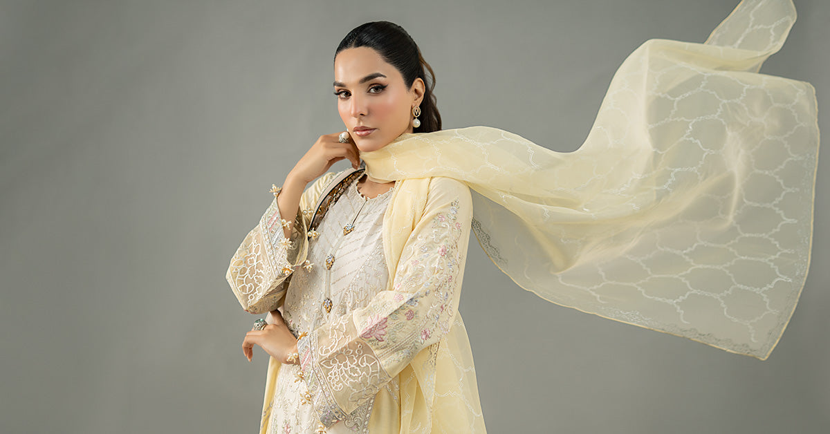 Yellow Embroidered Lawn Salwar Kameez (3-Piece) - Image 8