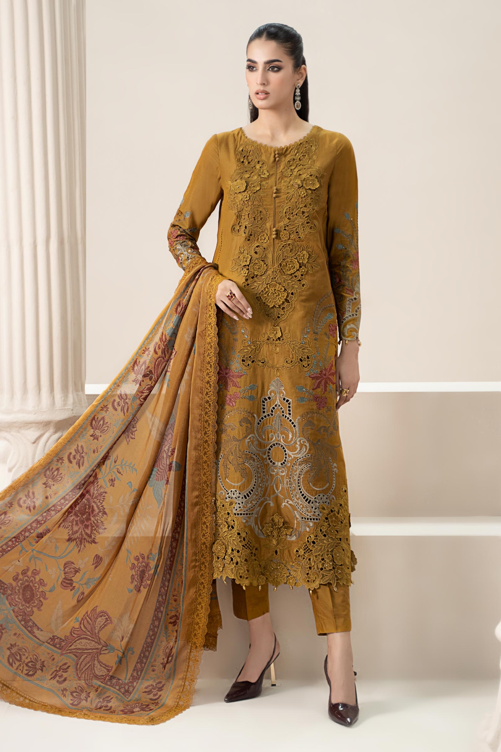 Pakistani Mustard Embroidered Lawn Straight-Cut Suit (3-Piece) - Image 2
