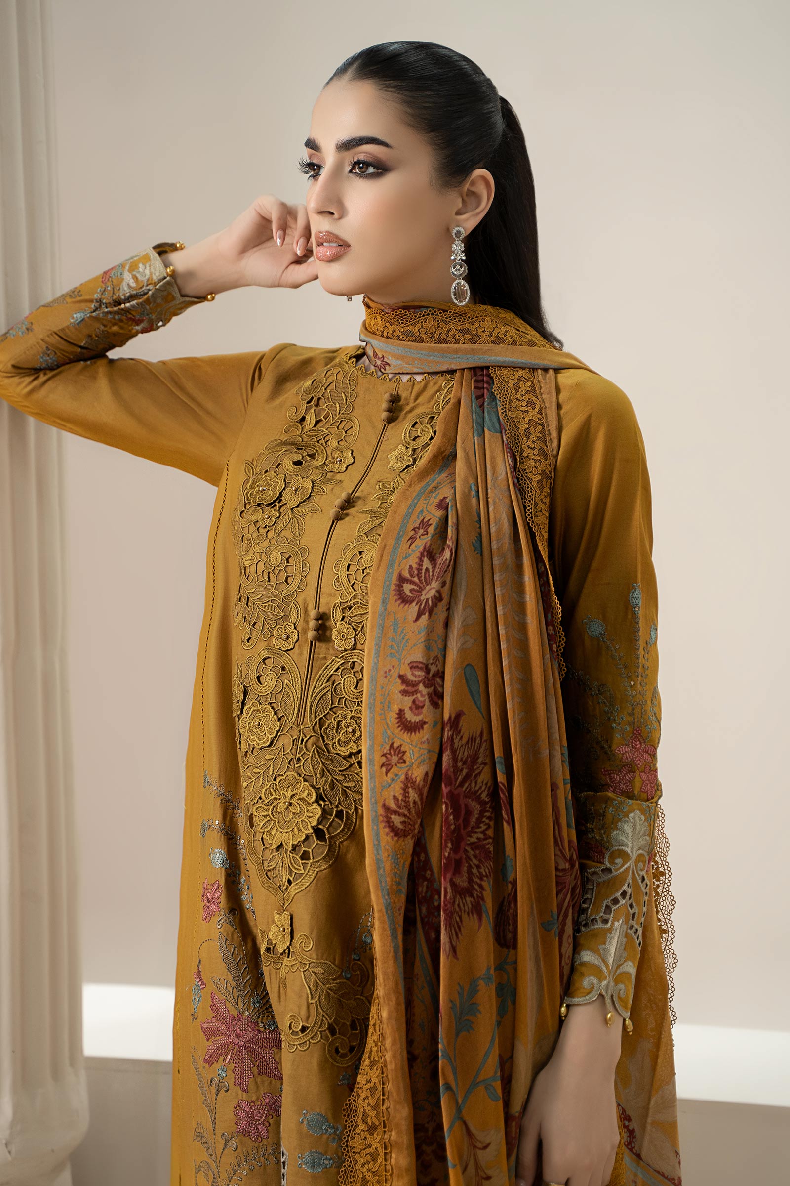 Pakistani Mustard Embroidered Lawn Straight-Cut Suit (3-Piece) - Image 3