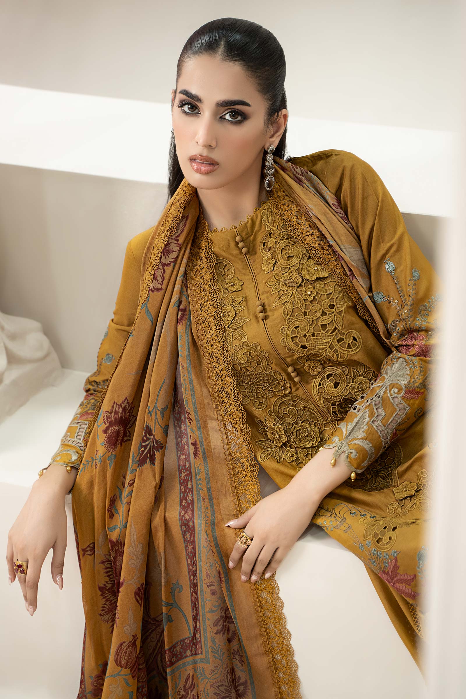 Pakistani Mustard Embroidered Lawn Straight-Cut Suit (3-Piece) - Image 4