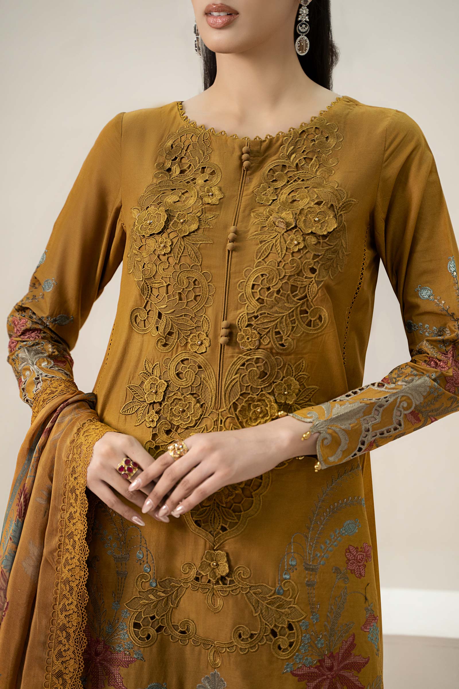 Pakistani Mustard Embroidered Lawn Straight-Cut Suit (3-Piece) - Image 5