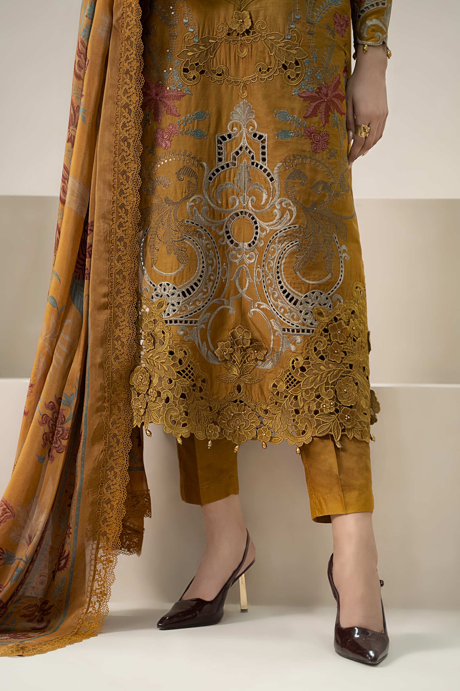 Pakistani Mustard Embroidered Lawn Straight-Cut Suit (3-Piece) - Image 6
