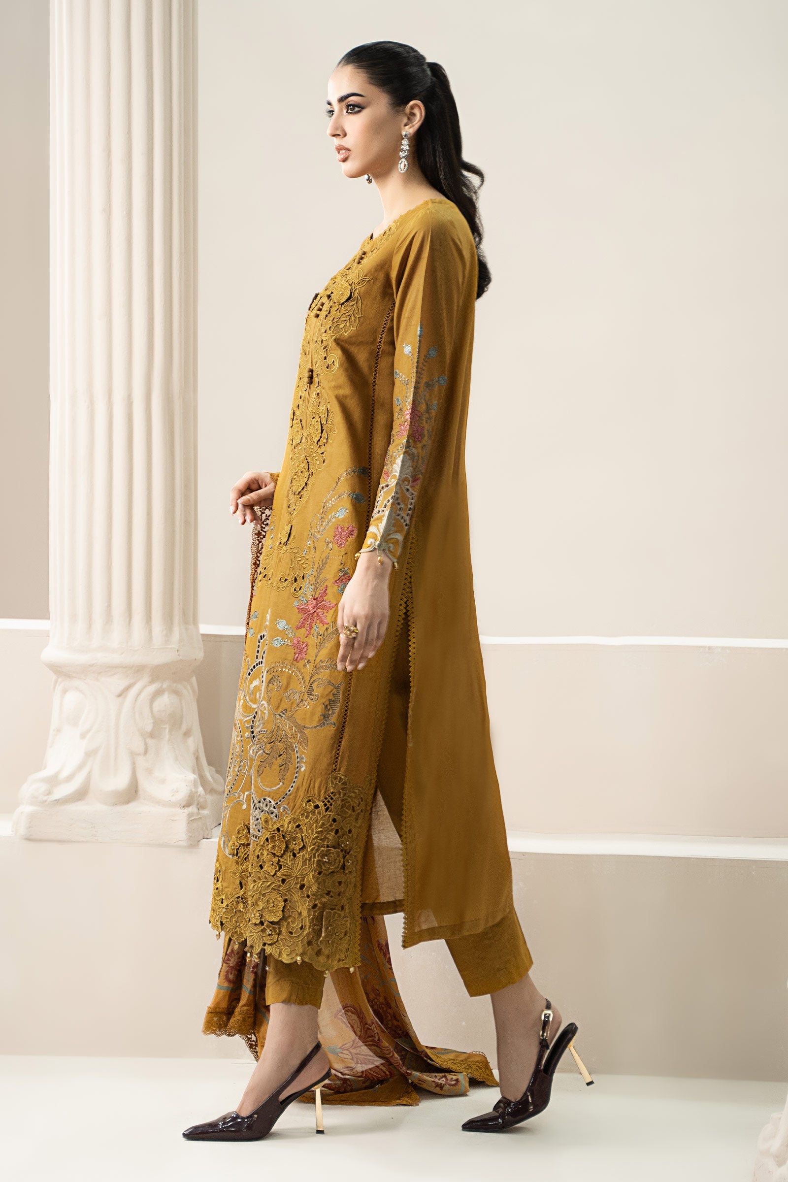 Pakistani Mustard Embroidered Lawn Straight-Cut Suit (3-Piece) - Image 7