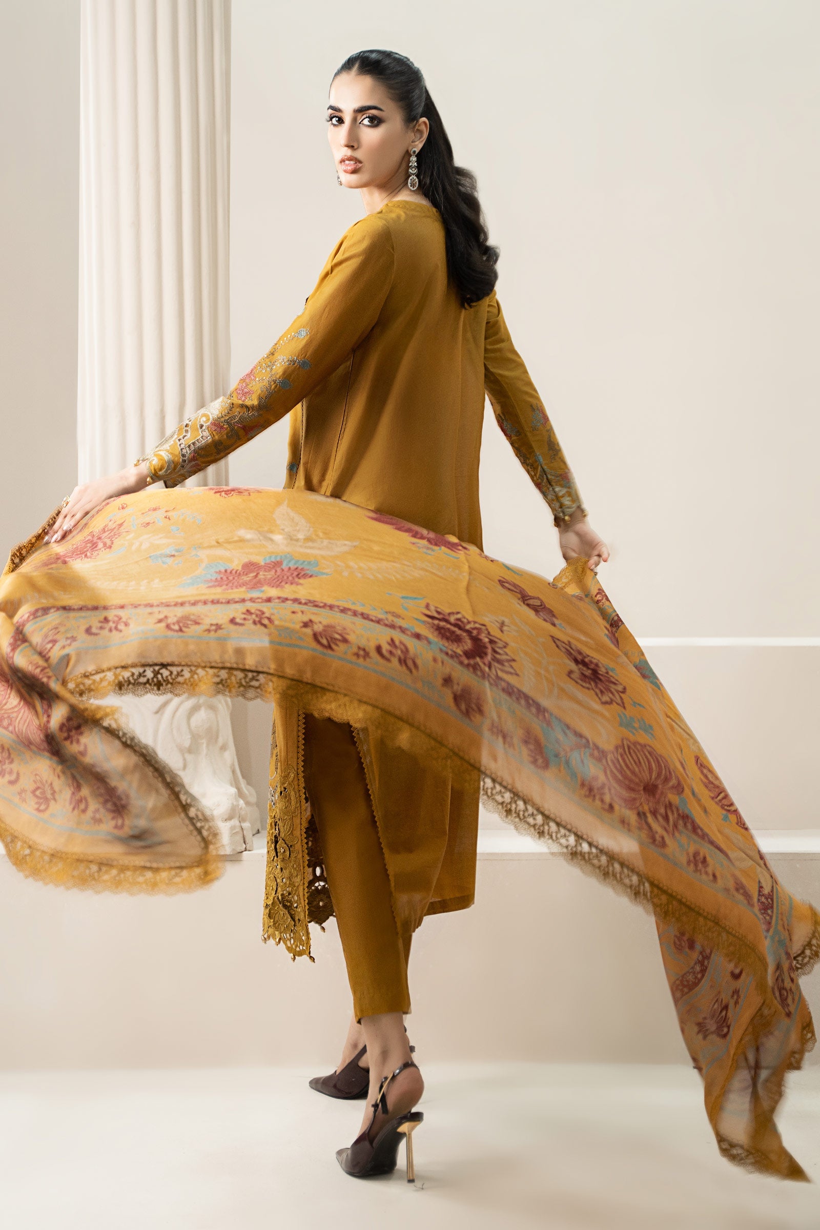 Pakistani Mustard Embroidered Lawn Straight-Cut Suit (3-Piece) - Image 8