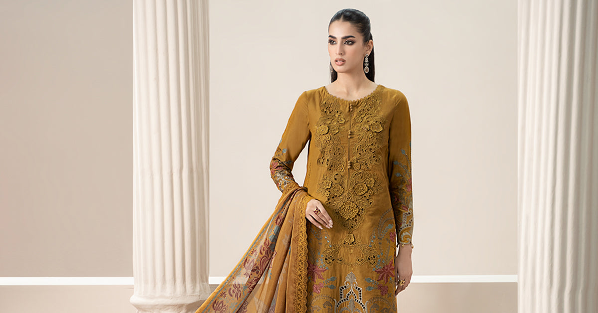 Pakistani Mustard Embroidered Lawn Straight-Cut Suit (3-Piece) - Image 9
