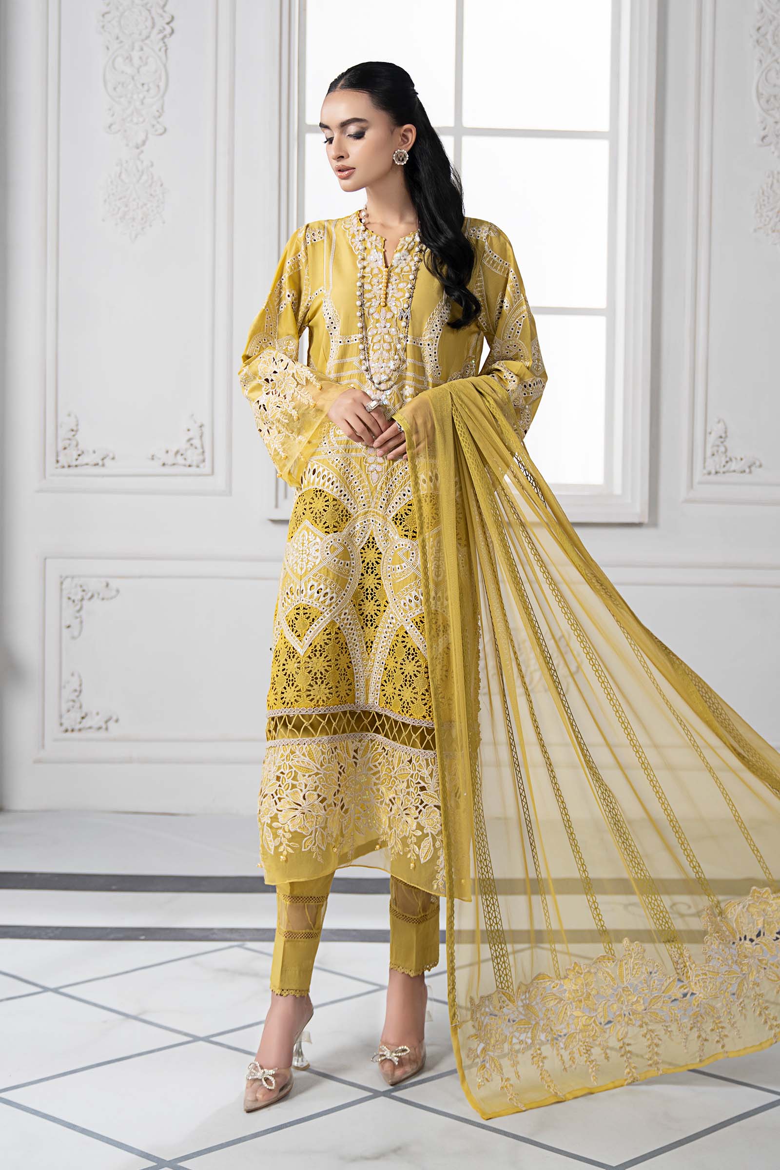 Pakistani Lime Yellow Embroidered Lawn 3-Piece Suit - Image 1