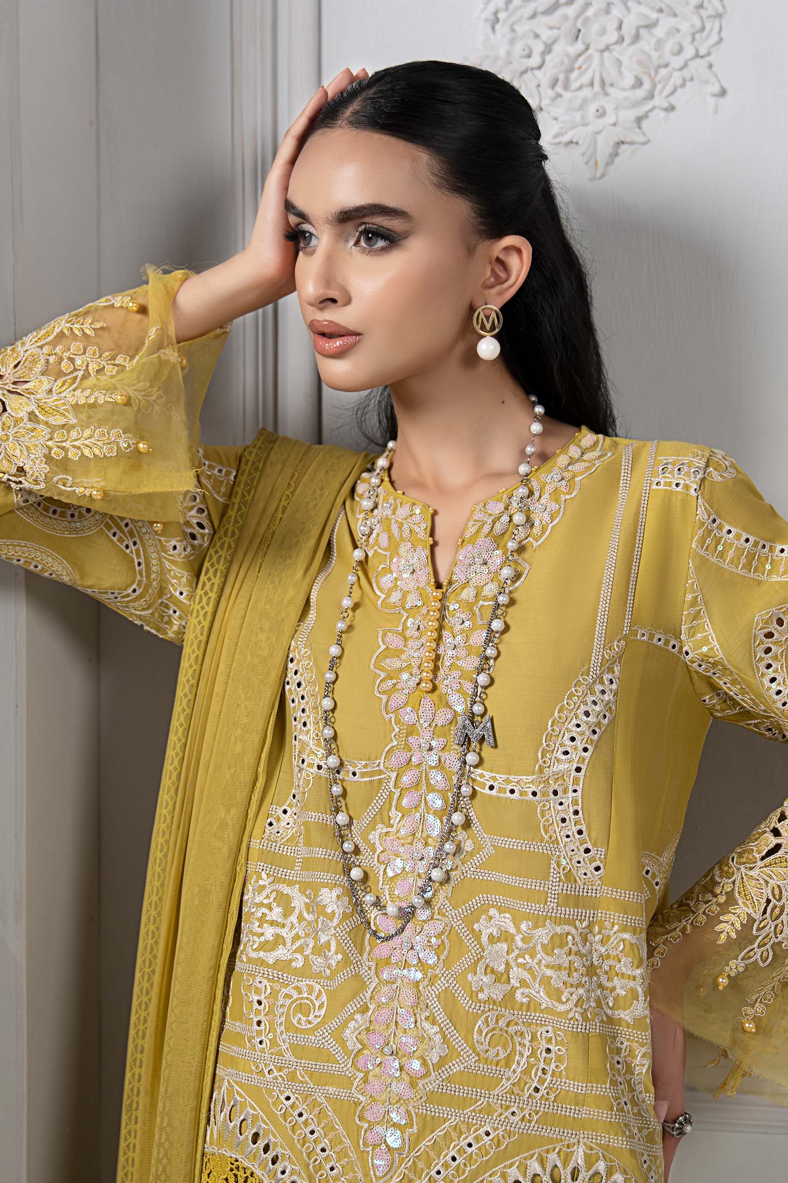 Pakistani Lime Yellow Embroidered Lawn 3-Piece Suit - Image 2