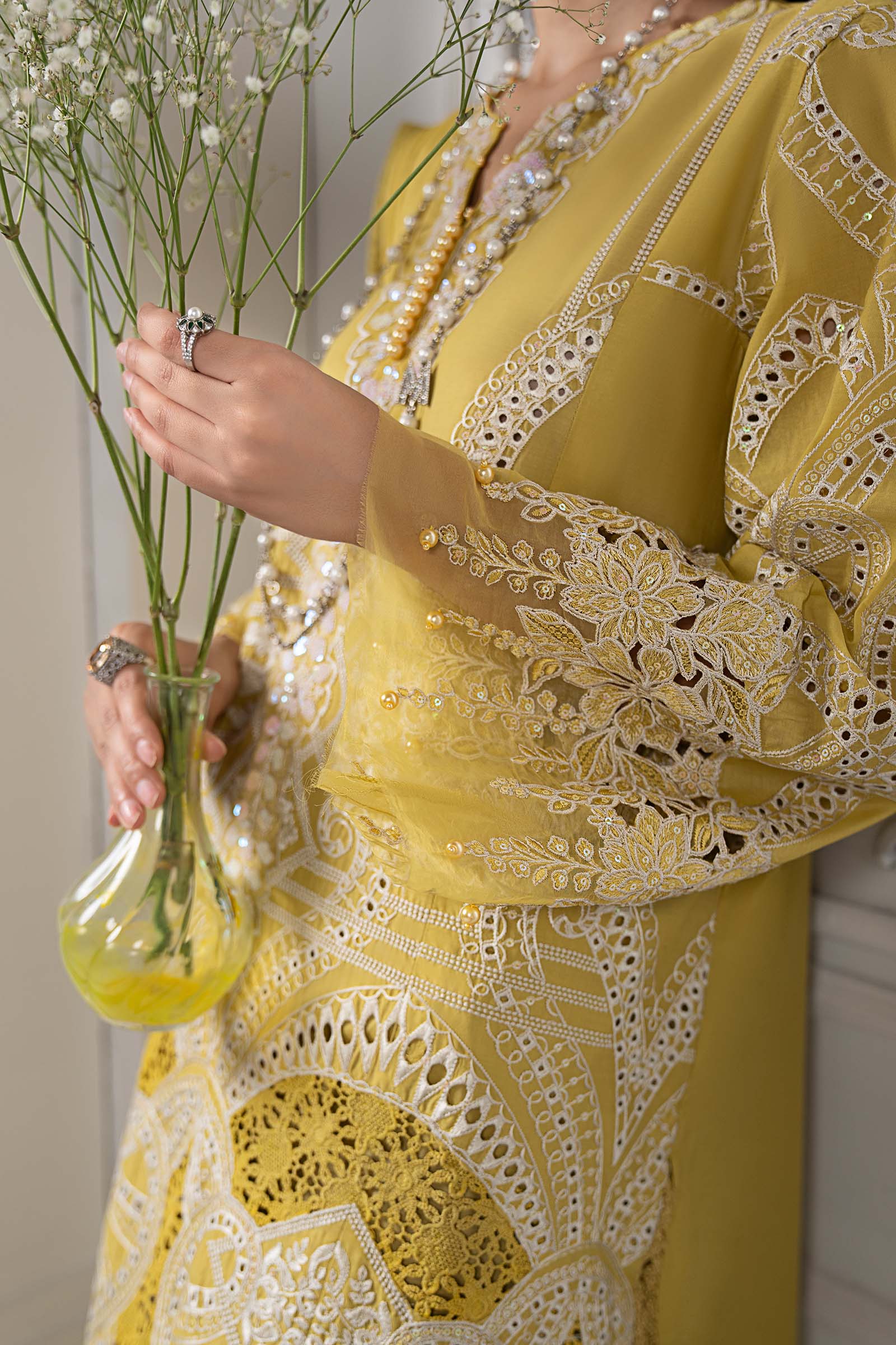 Pakistani Lime Yellow Embroidered Lawn 3-Piece Suit - Image 5