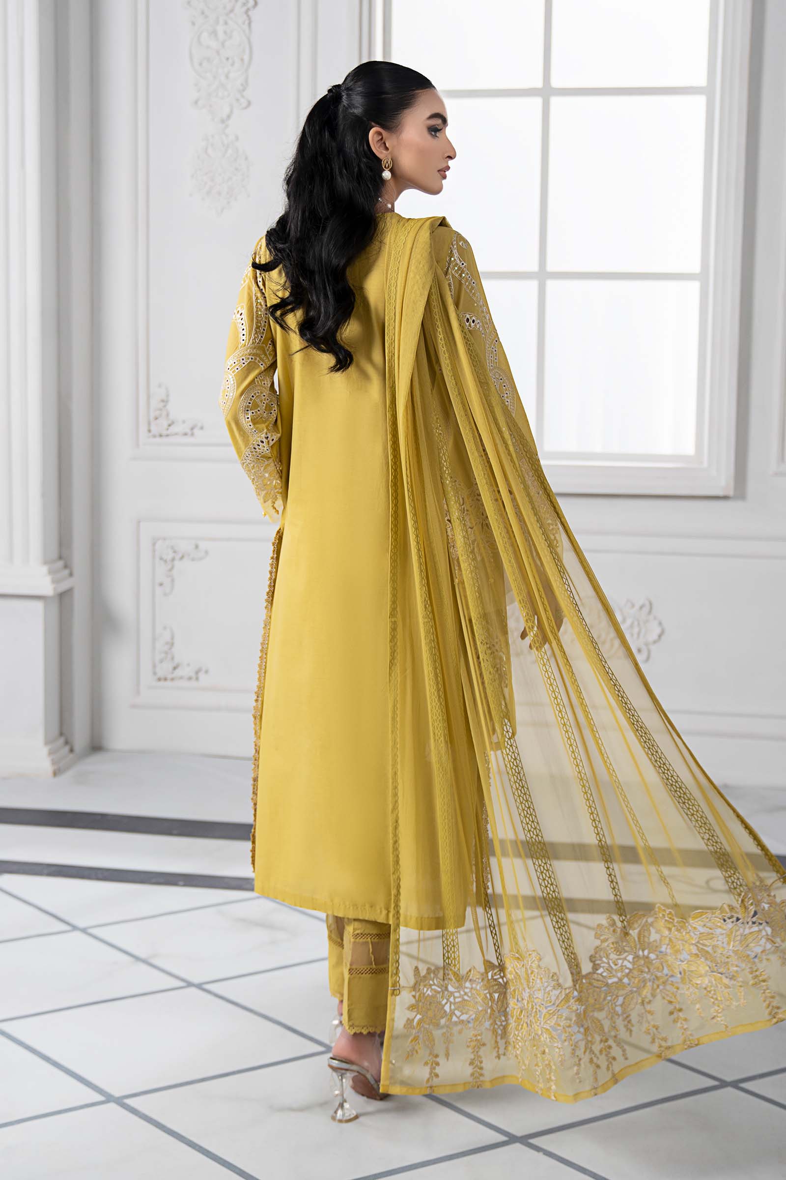 Pakistani Lime Yellow Embroidered Lawn 3-Piece Suit - Image 7