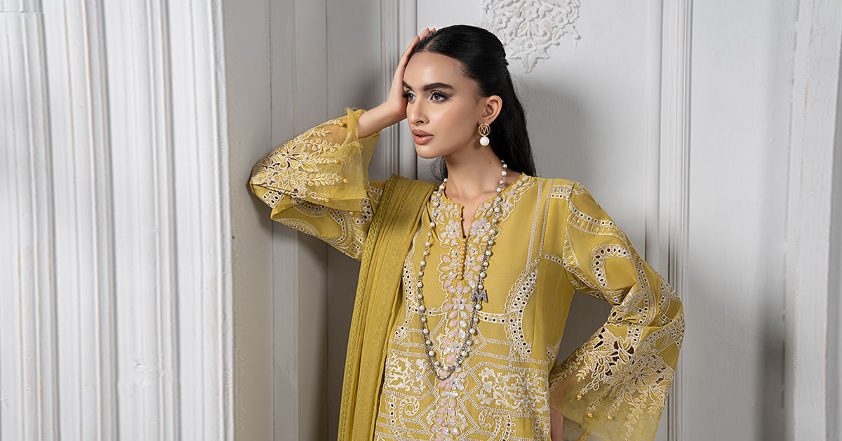 Pakistani Lime Yellow Embroidered Lawn 3-Piece Suit - Image 8