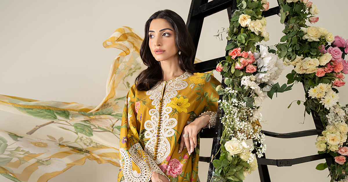 Pakistani Mustard Embroidered Lawn 3-Piece Suit - Image 10