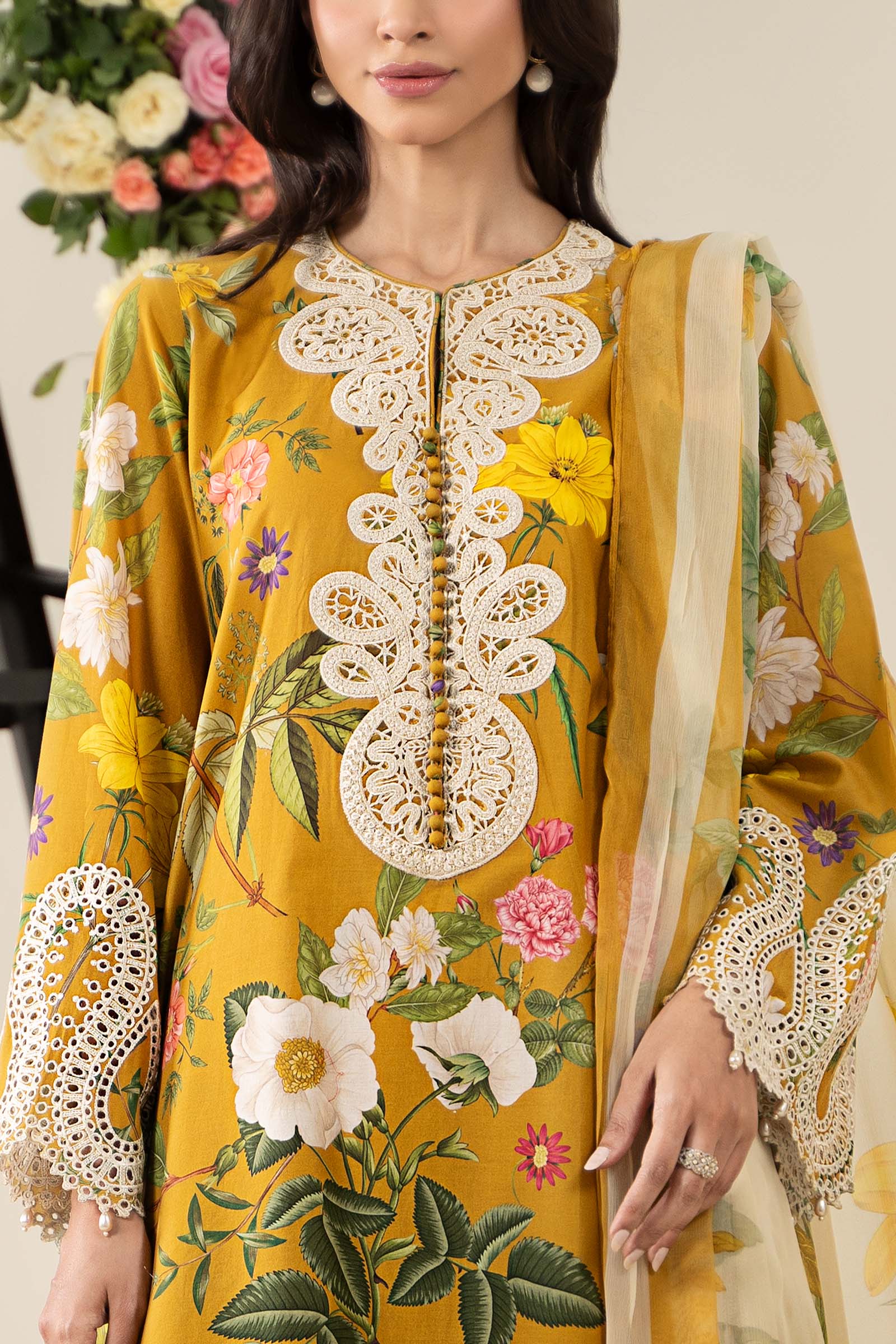 Pakistani Mustard Embroidered Lawn 3-Piece Suit - Image 5