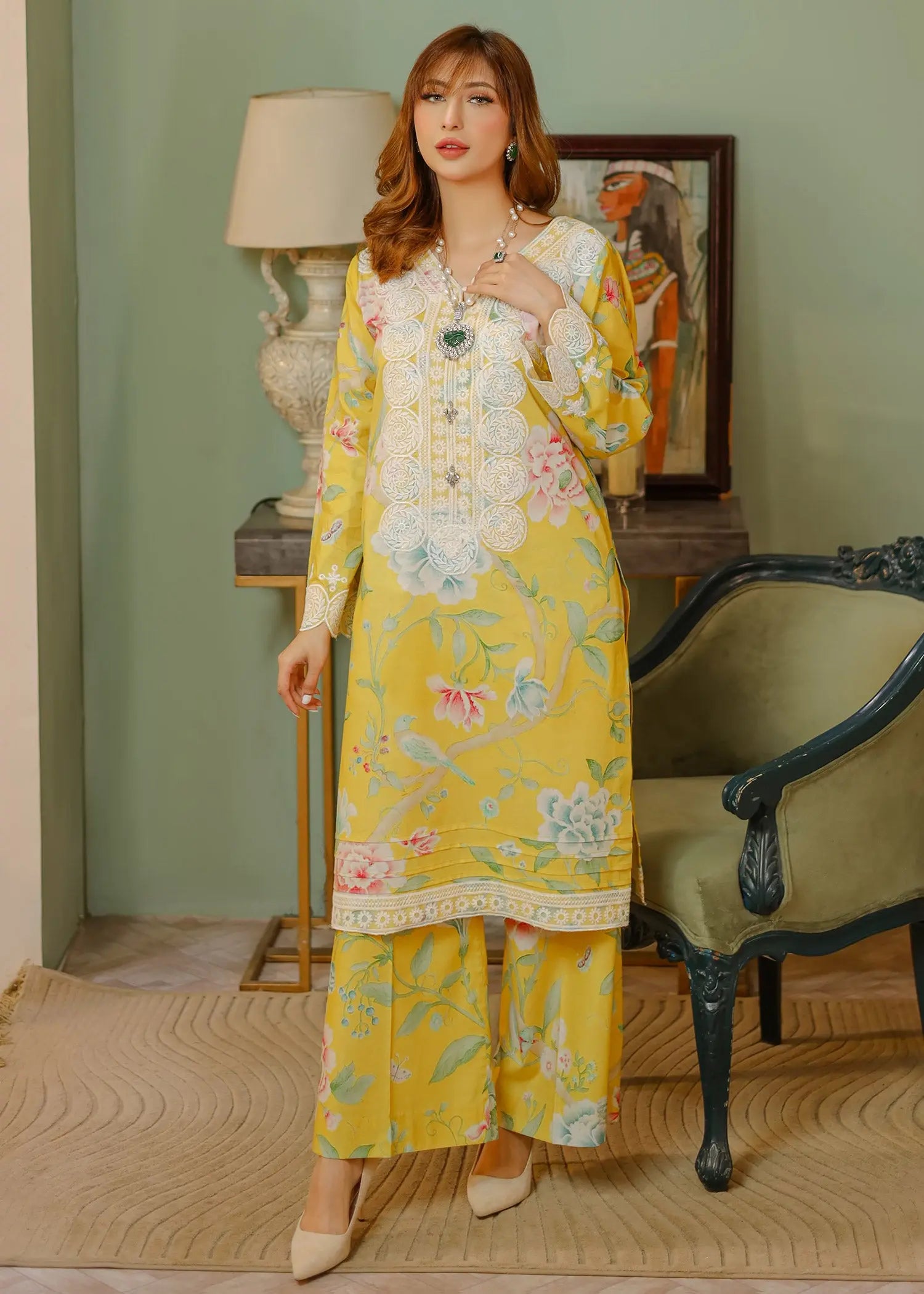 Pakistani Yellow Embroidered Lawn Kurta Set (3-Piece) - Image 1