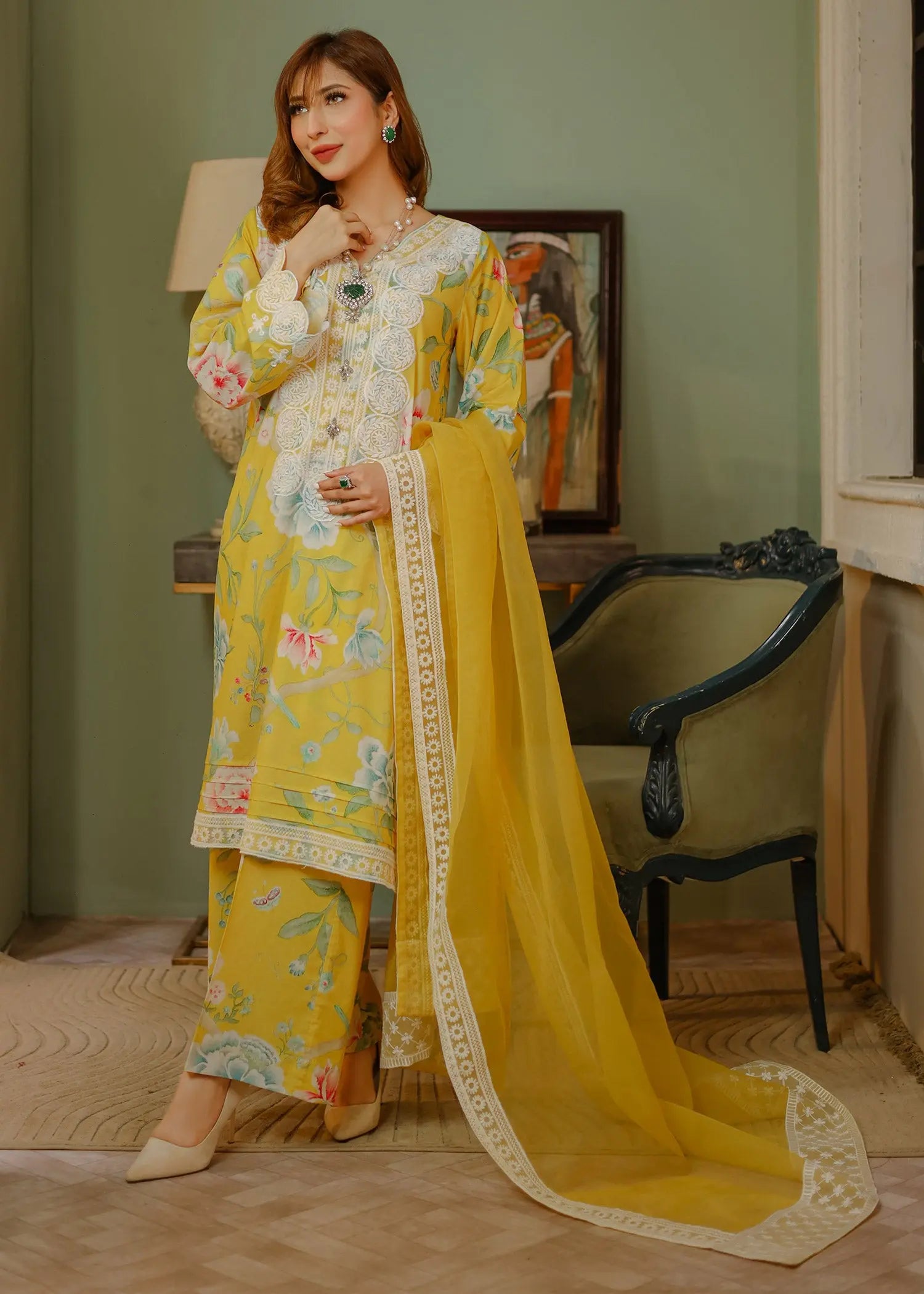 Pakistani Yellow Embroidered Lawn Kurta Set (3-Piece) - Image 2
