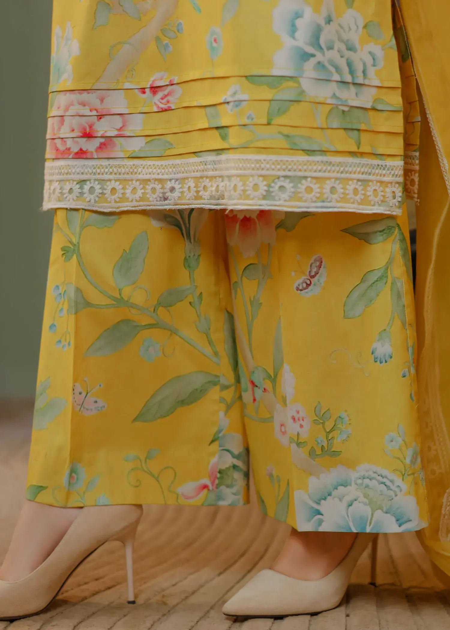 Pakistani Yellow Embroidered Lawn Kurta Set (3-Piece) - Image 3