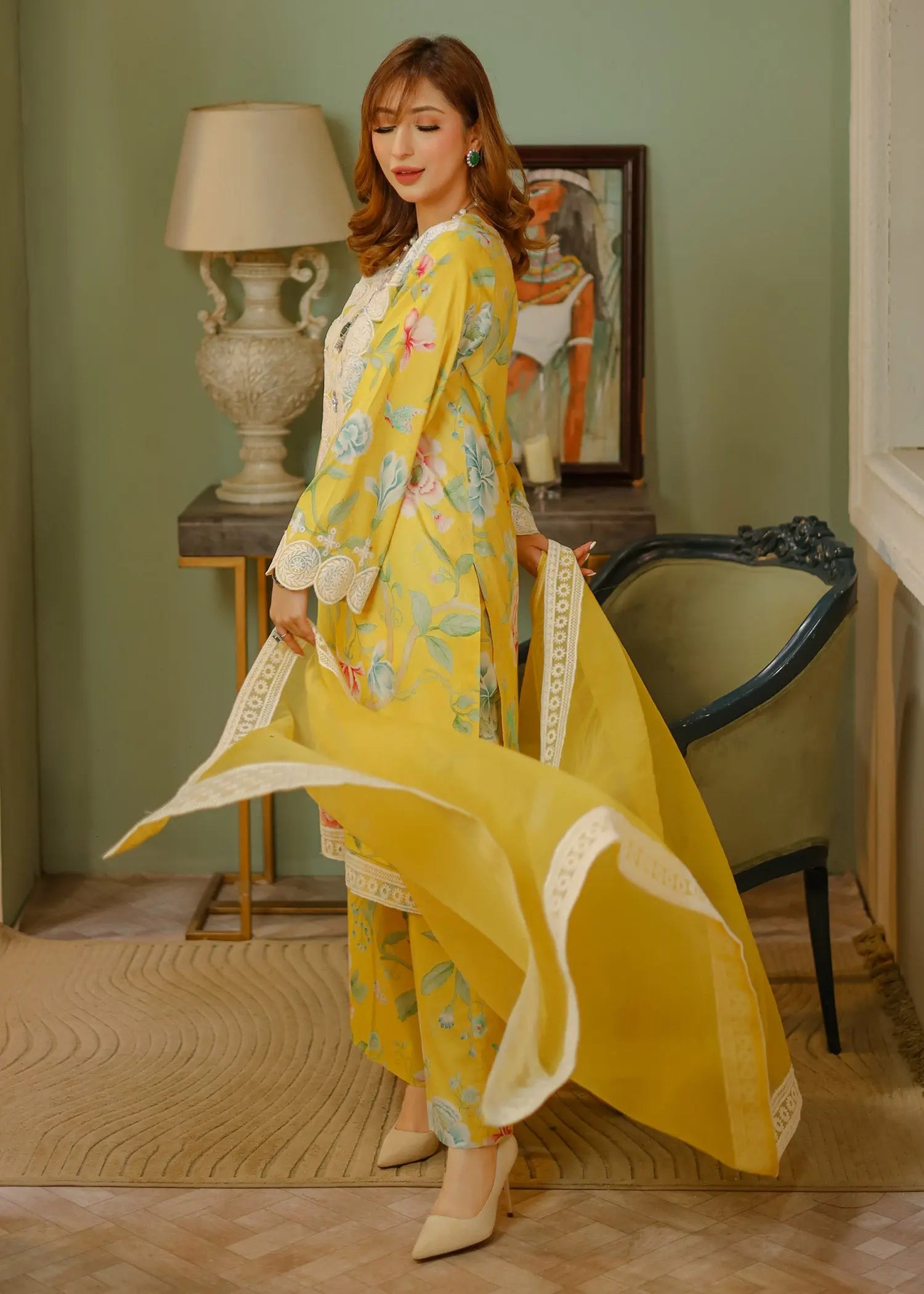 Pakistani Yellow Embroidered Lawn Kurta Set (3-Piece) - Image 5