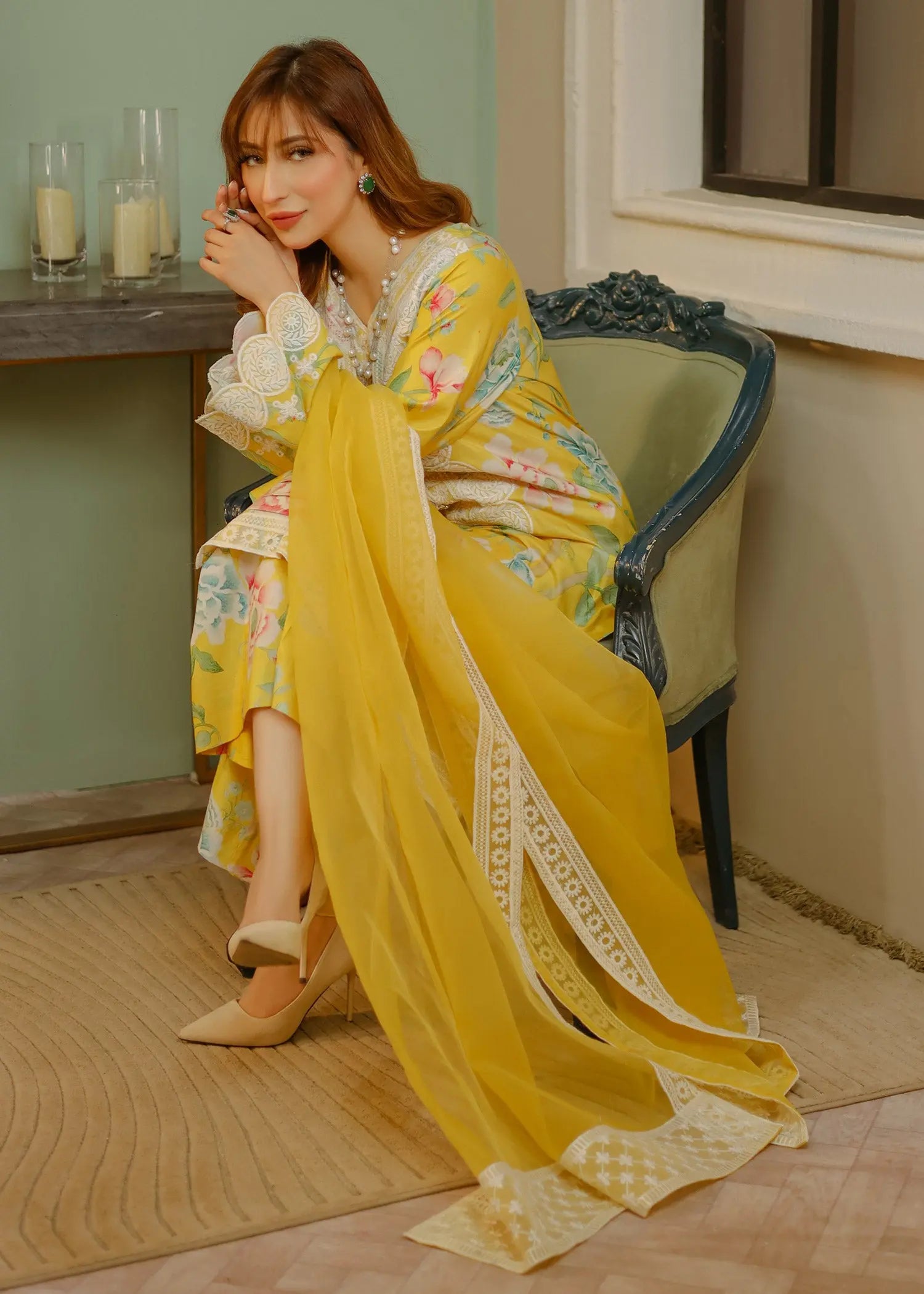 Pakistani Yellow Embroidered Lawn Kurta Set (3-Piece) - Image 6