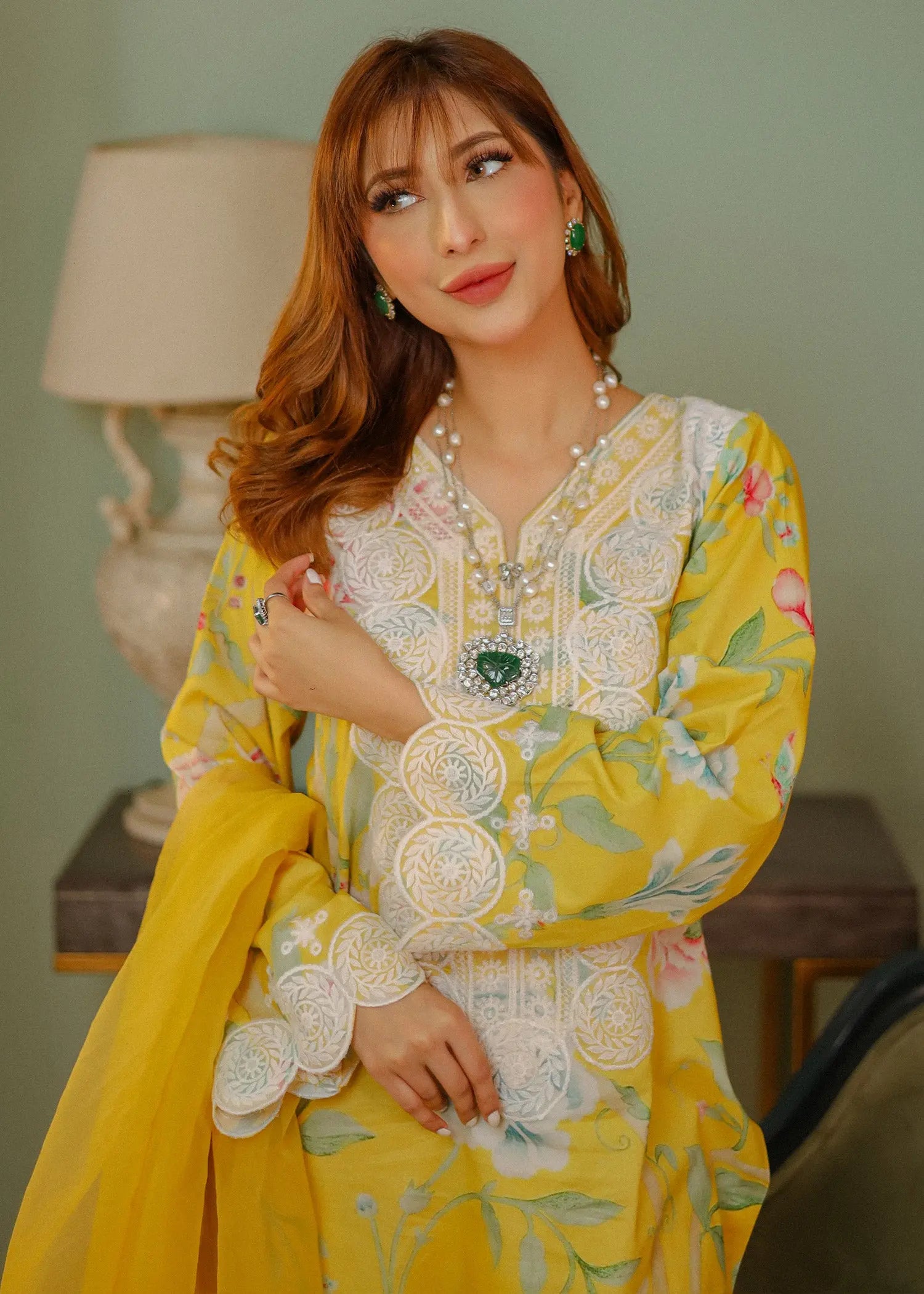 Pakistani Yellow Embroidered Lawn Kurta Set (3-Piece) - Image 7