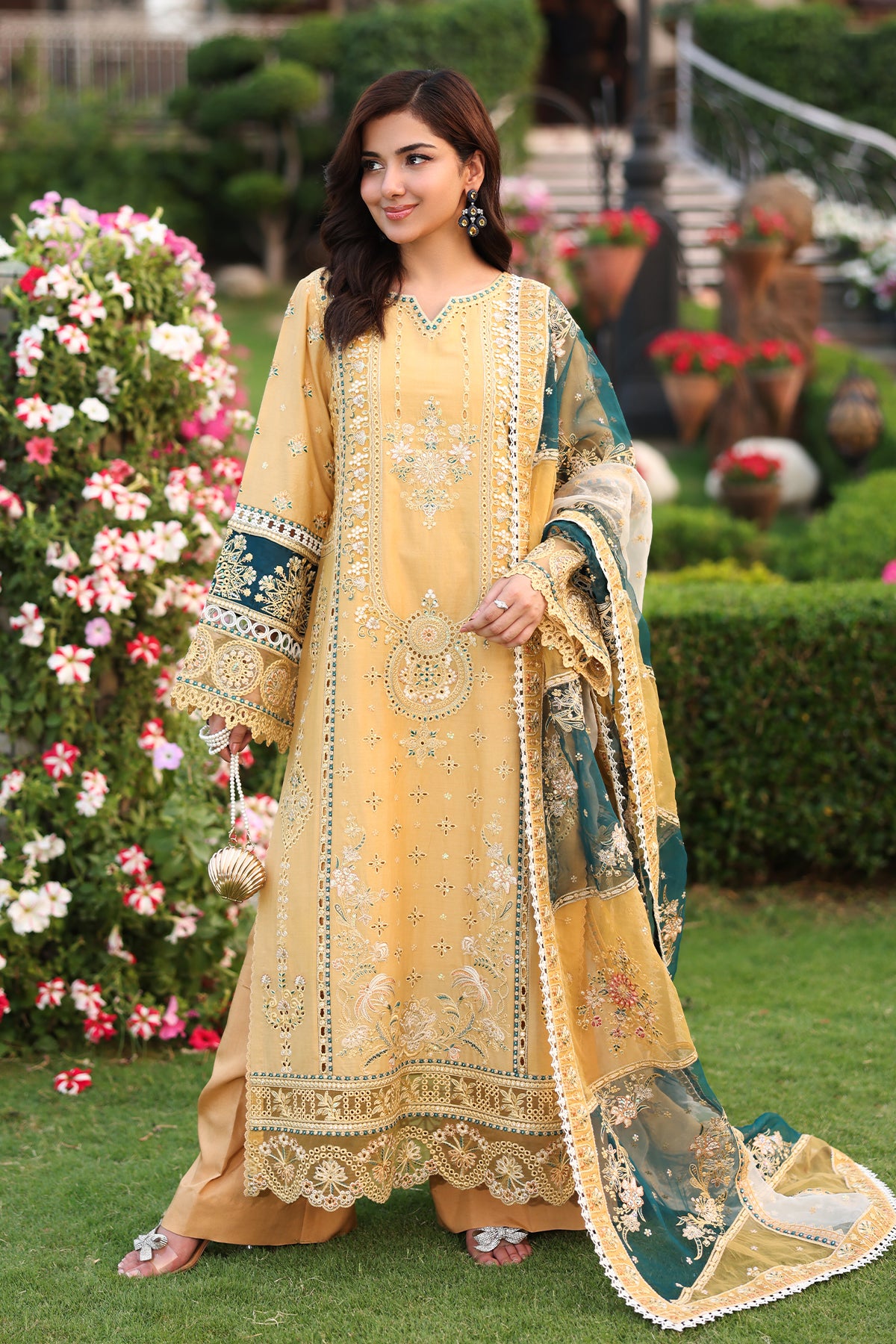Pakistani Mustard Embroidered Lawn & Organza 3-Piece Suit - Image 1