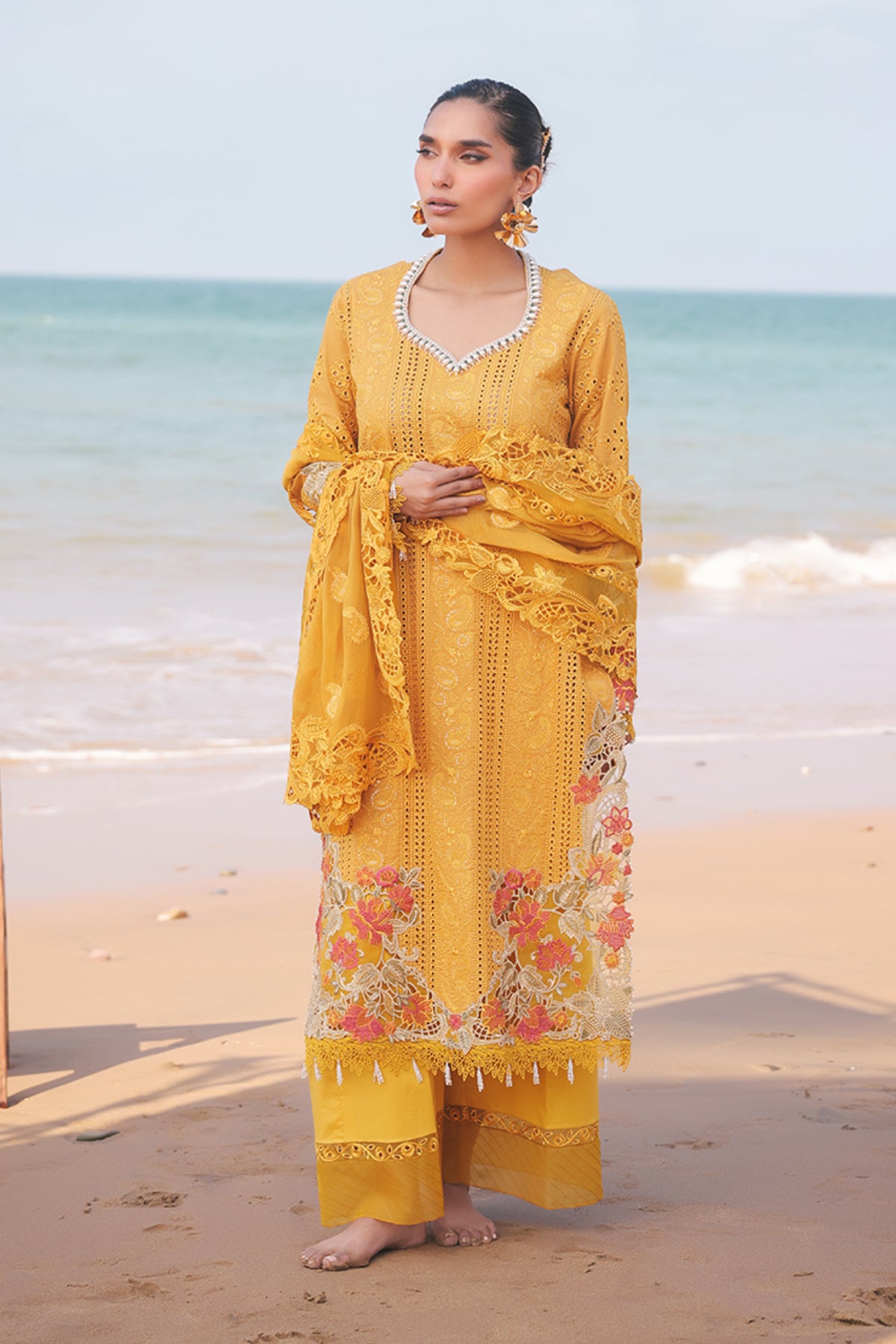 Pakistani Mustard Embroidered Lawn & Chiffon 3-Piece Suit - Image 1