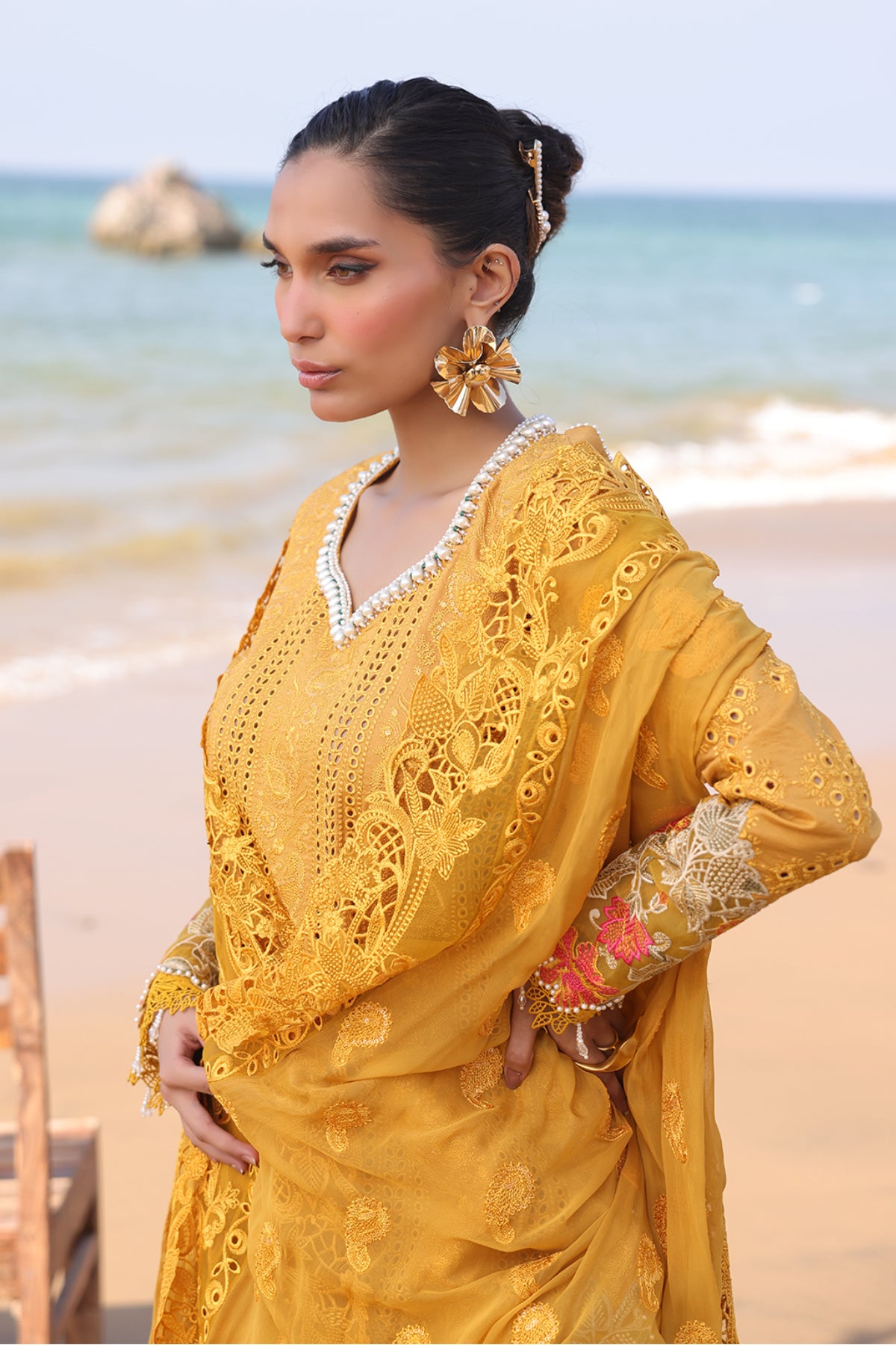 Pakistani Mustard Embroidered Lawn & Chiffon 3-Piece Suit - Image 2