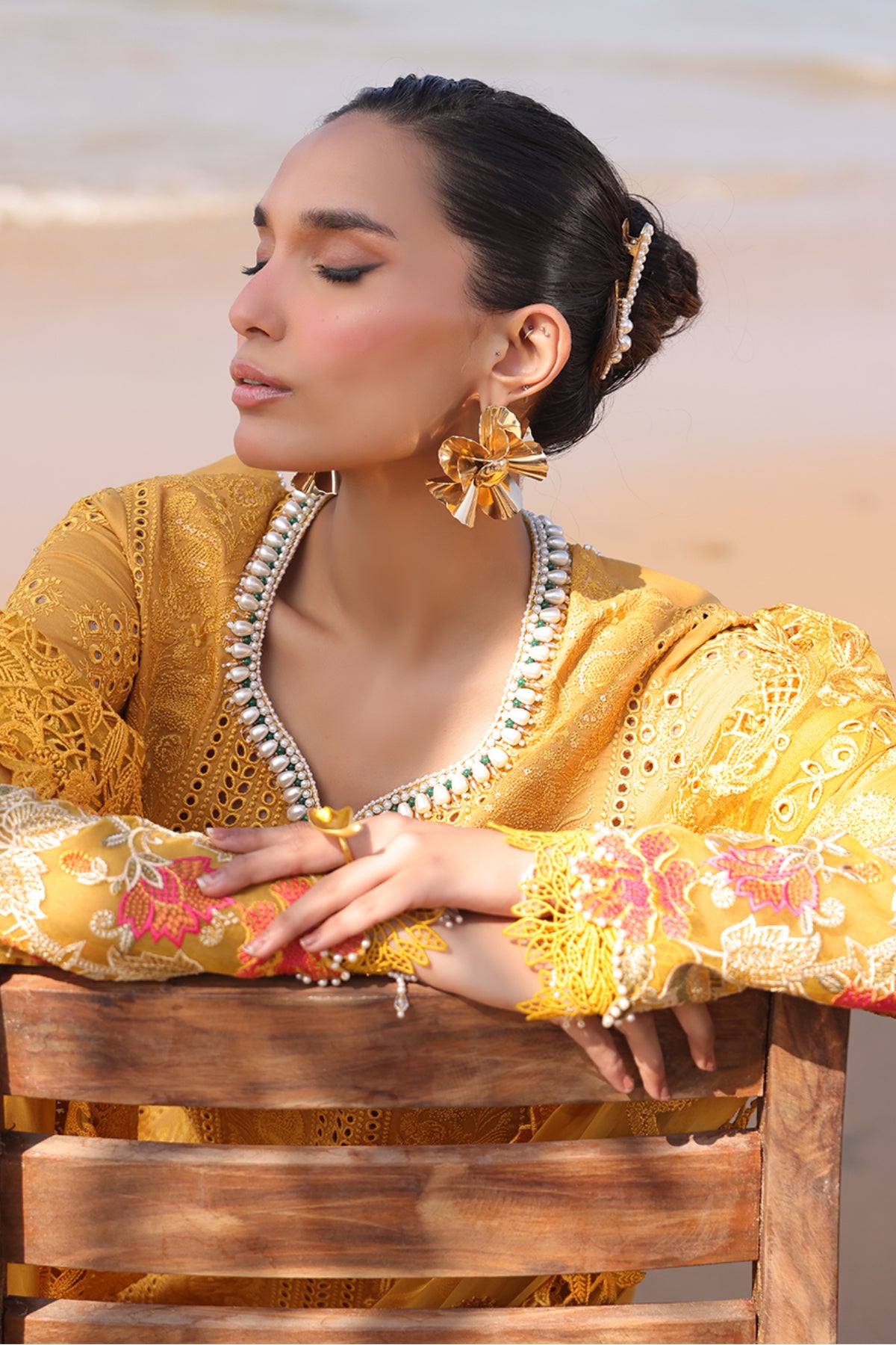 Pakistani Mustard Embroidered Lawn & Chiffon 3-Piece Suit - Image 3