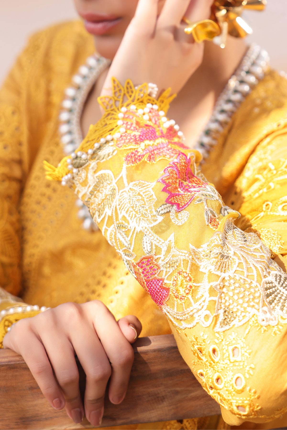 Pakistani Mustard Embroidered Lawn & Chiffon 3-Piece Suit - Image 4