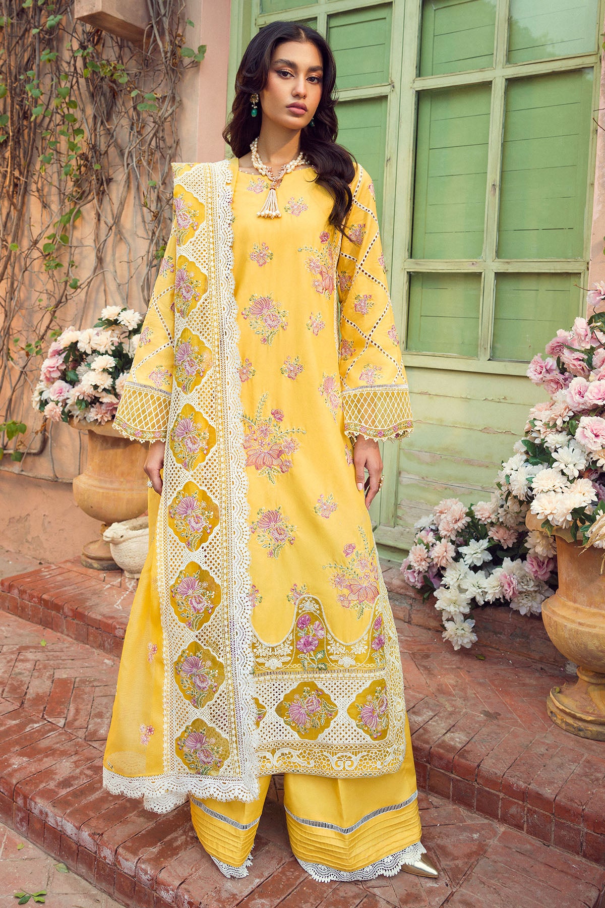 Pakistani Yellow Embroidered Lawn 3-Piece Suit - Image 1