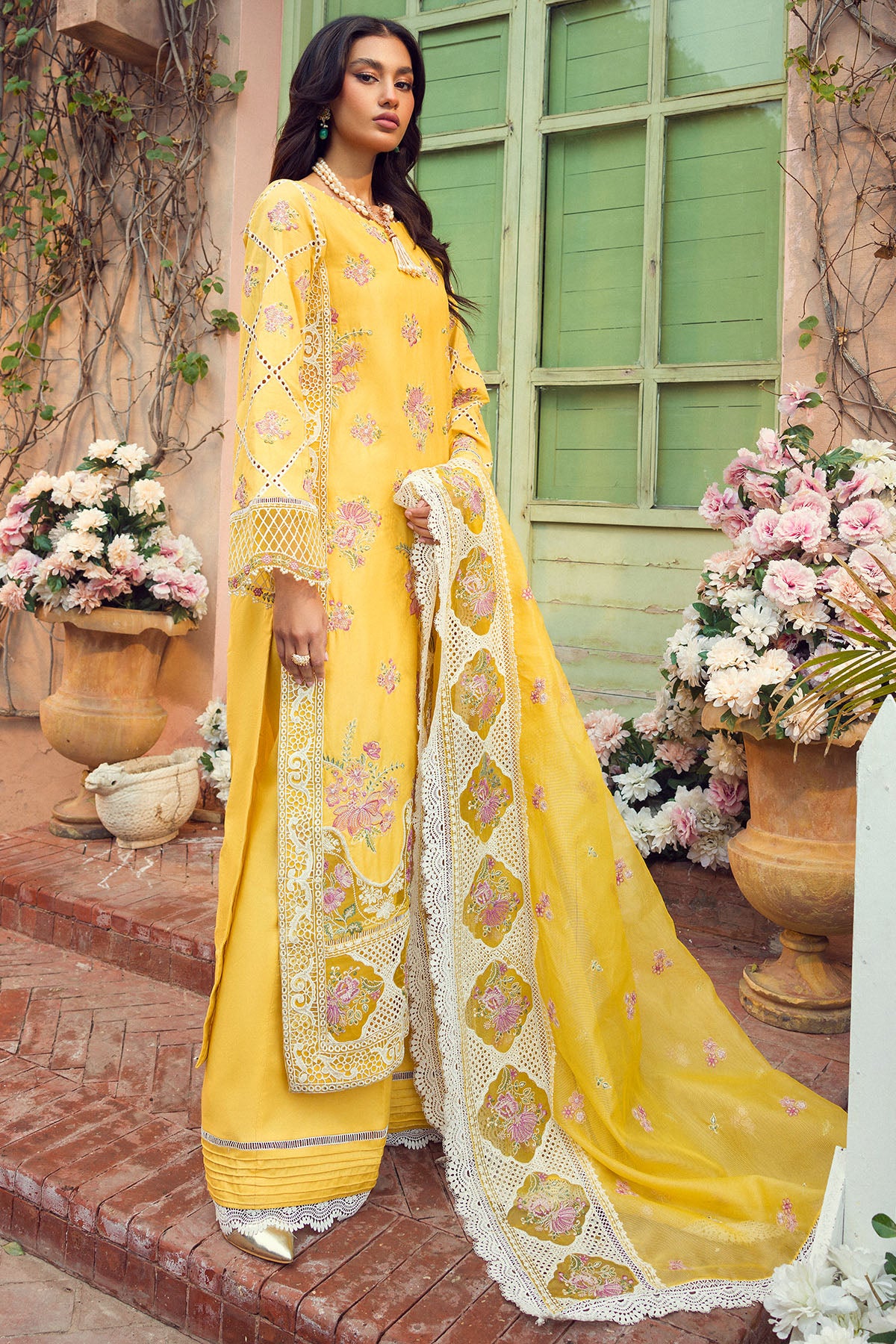 Pakistani Yellow Embroidered Lawn 3-Piece Suit - Image 3